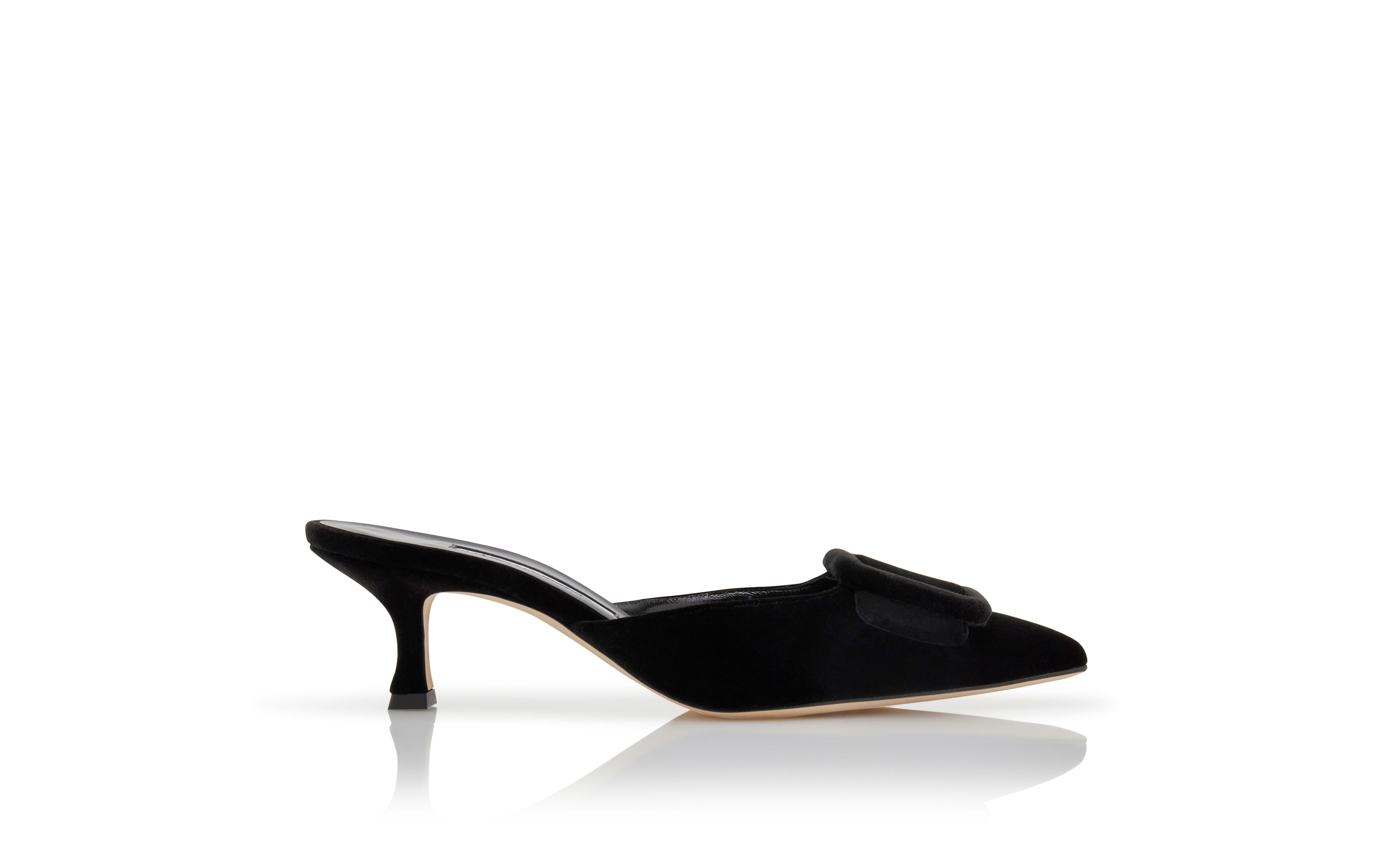 Designer Black Velvet Buckle Detail Mules - Image Side View