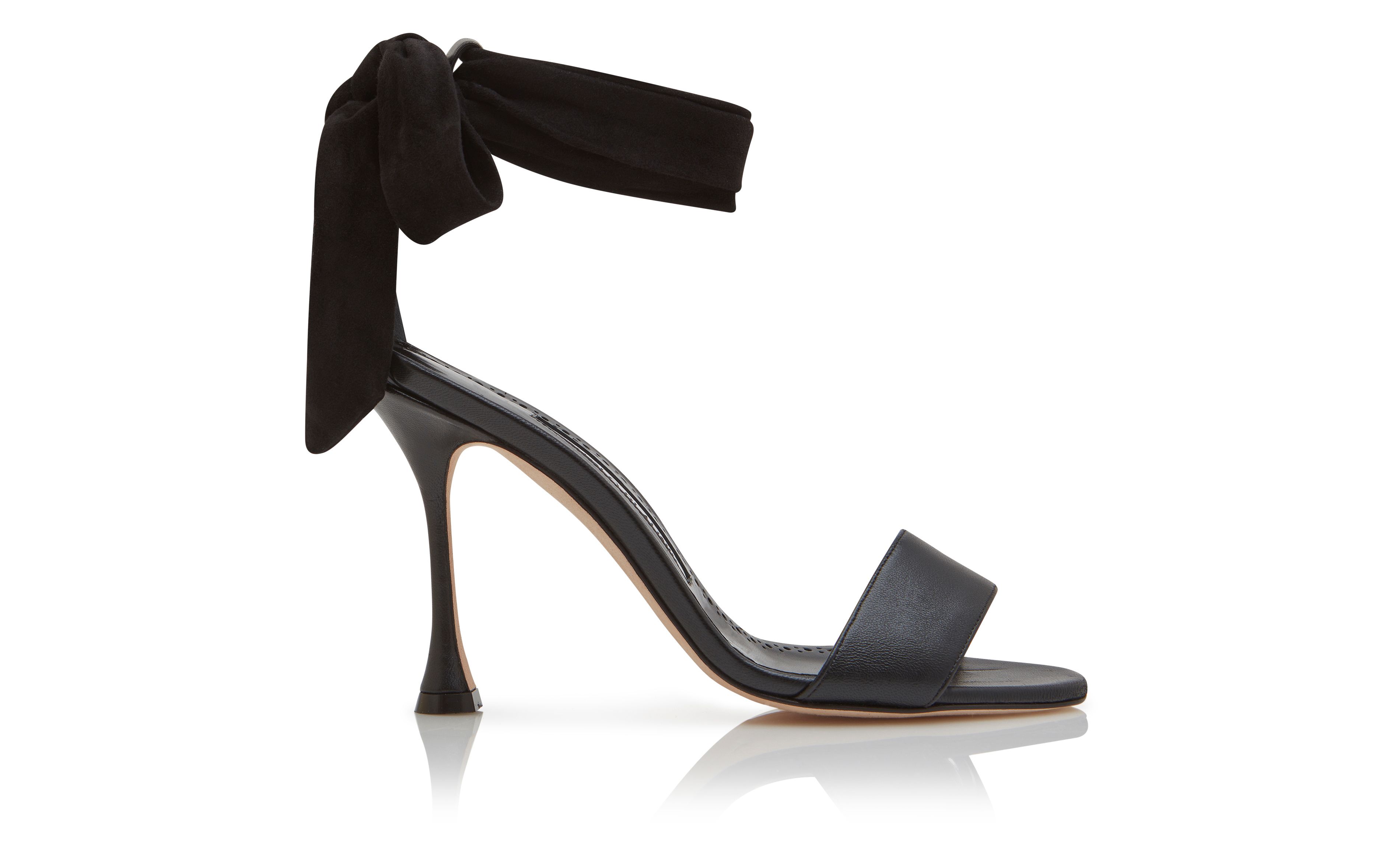 Designer Black Nappa Leather Bow Detail Sandals - Image Side View