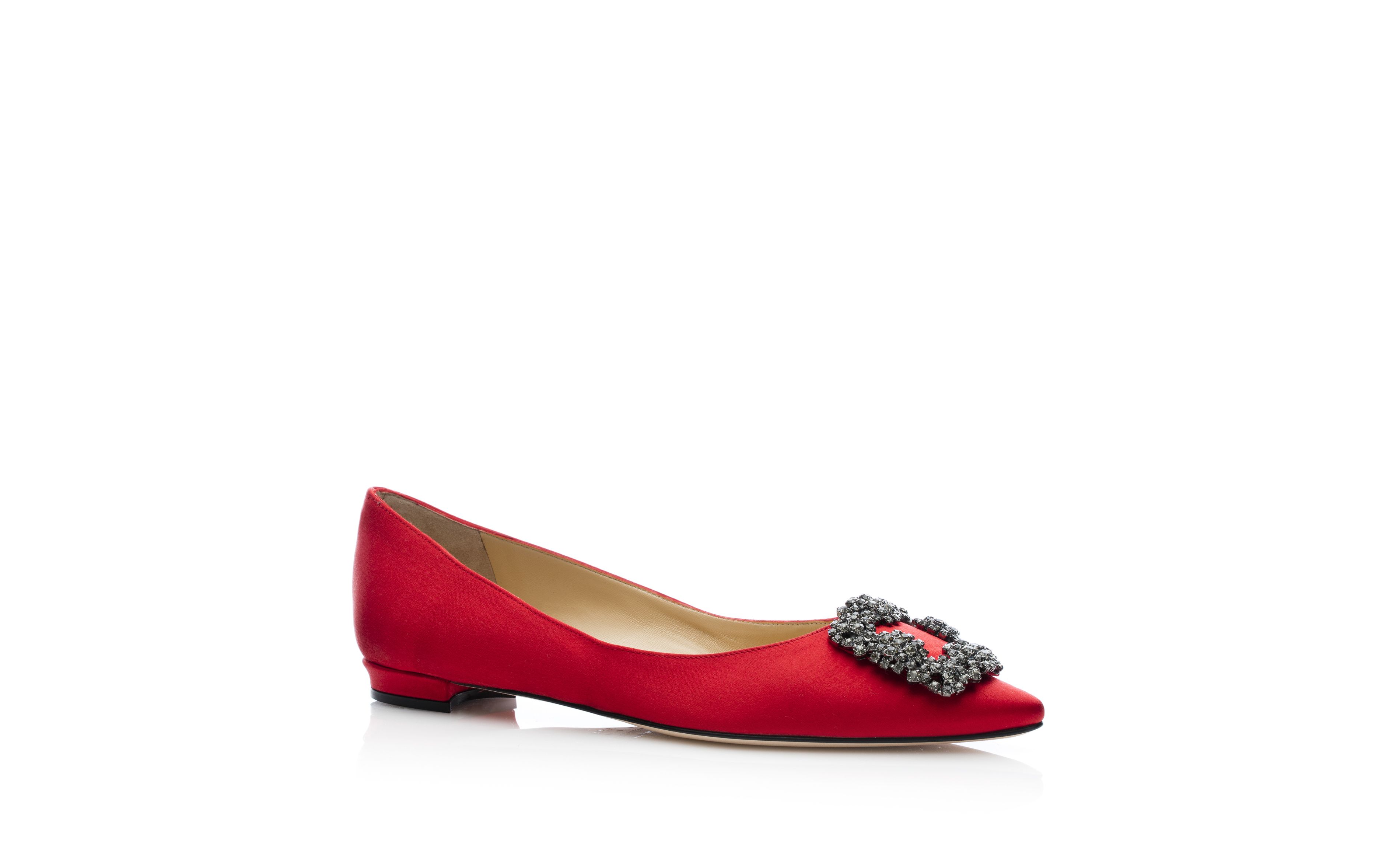 Hangisiflat Red Satin Jewel Buckle Flats Manolo Blahnik