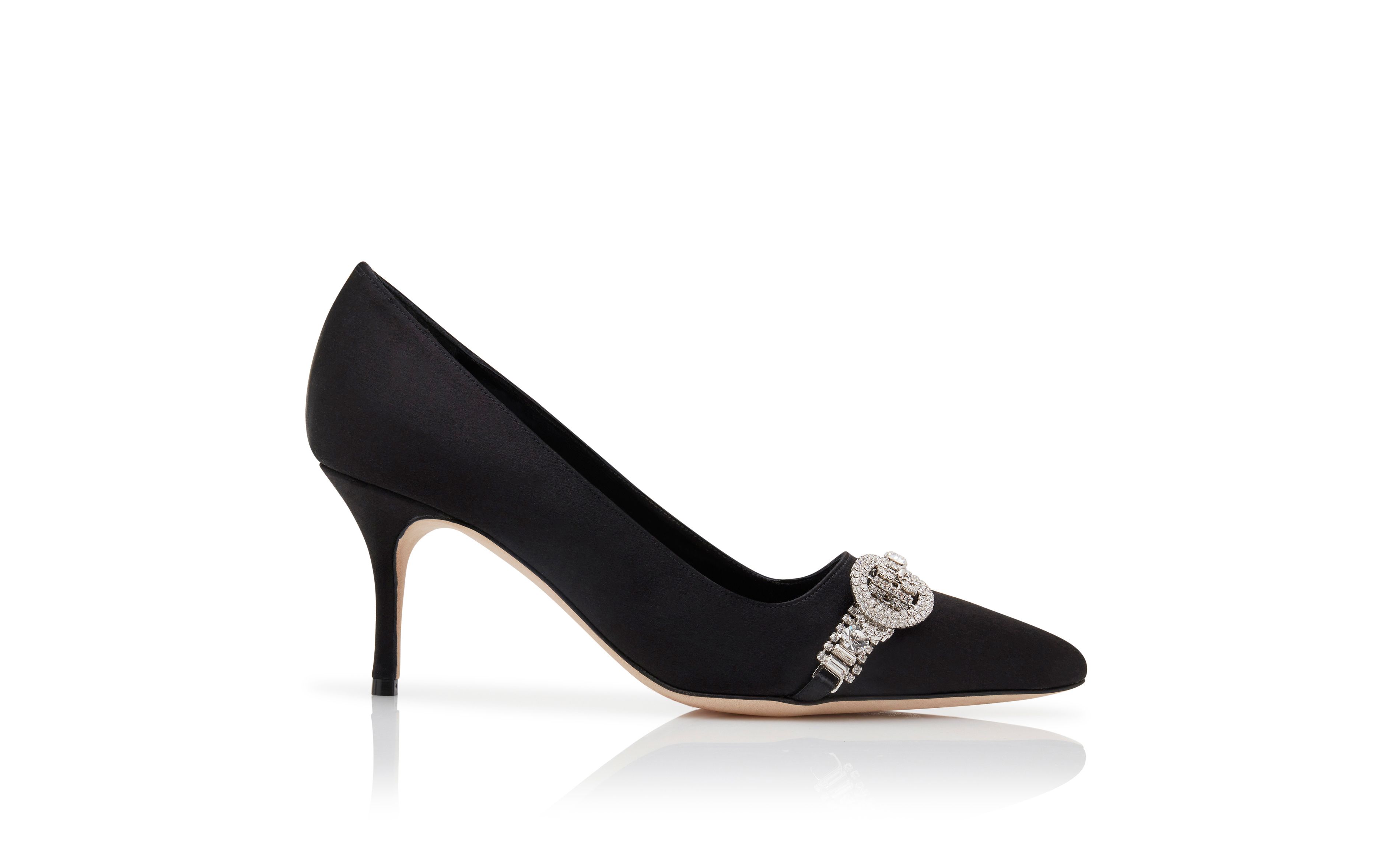 Designer Black Satin Jewel Embellished Pumps - Image Side View