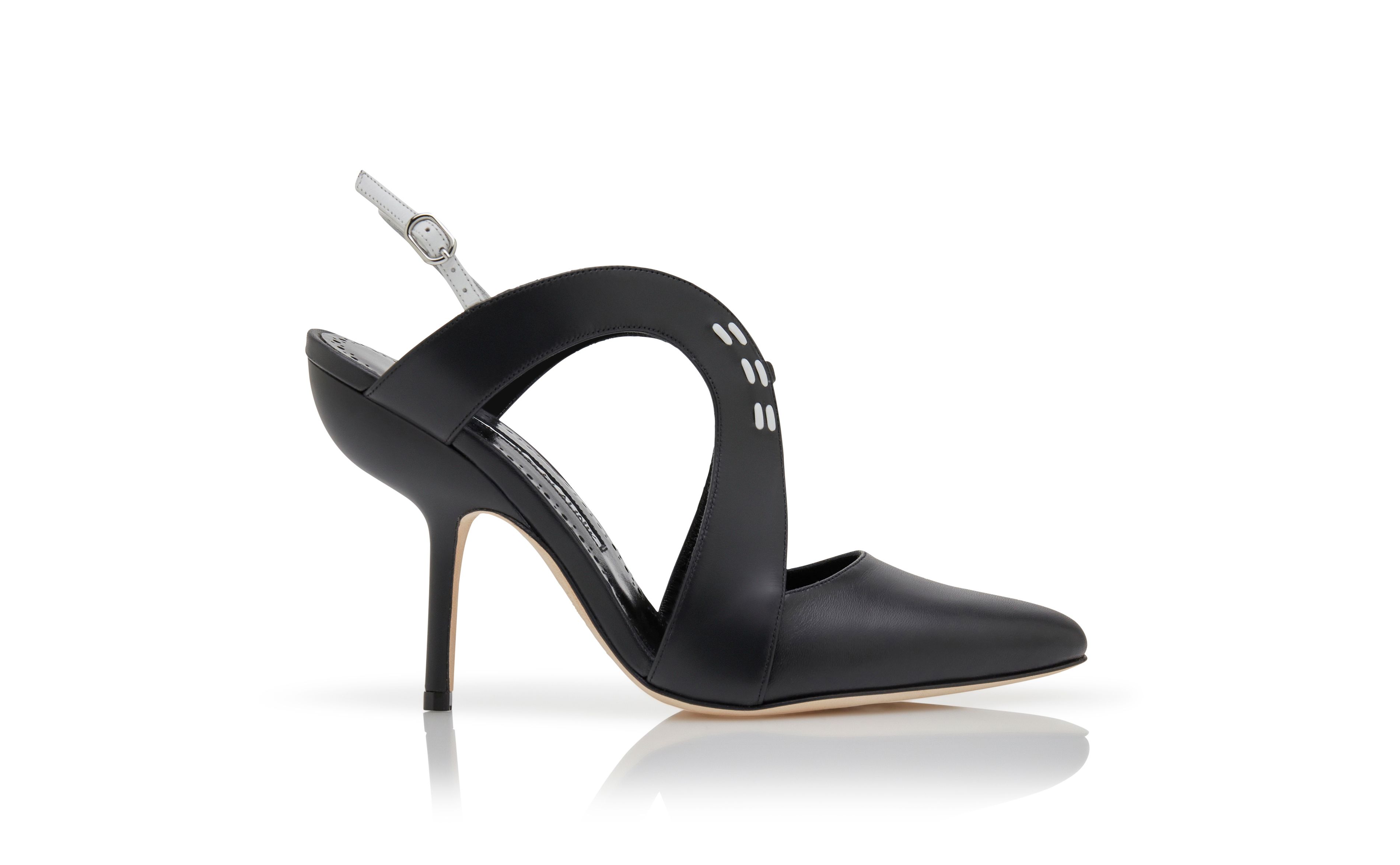 Designer Black Calf Leather Slingback Pumps - Image Side View