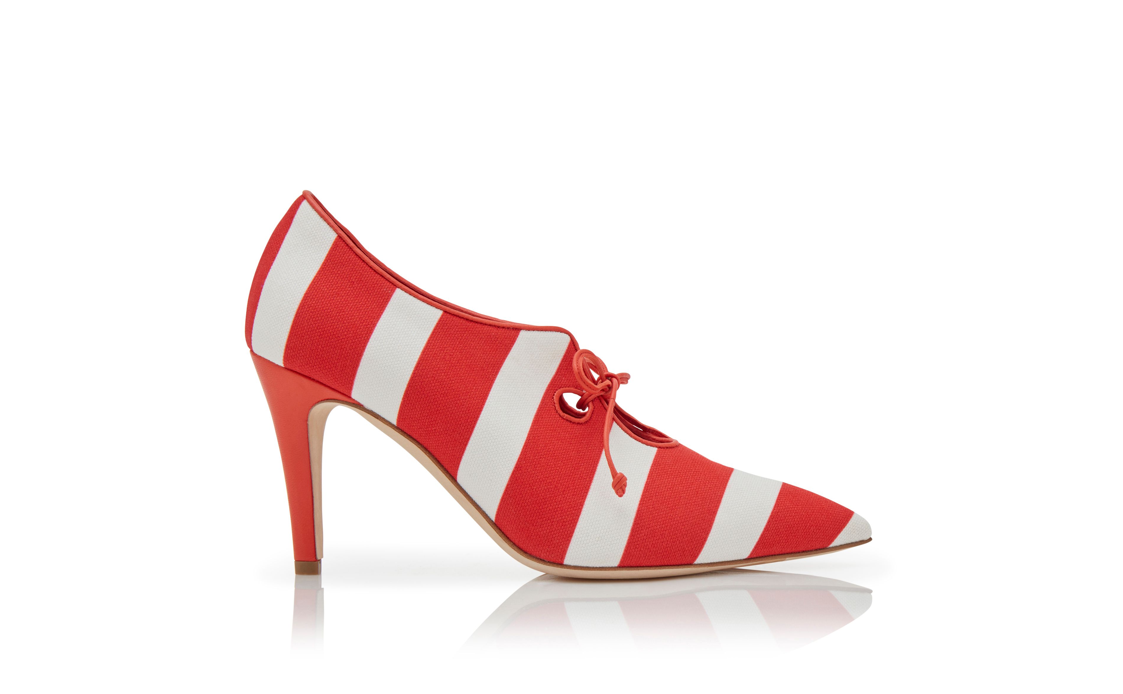 Designer Red and White Cotton Lace-Up Pumps - Image Side View
