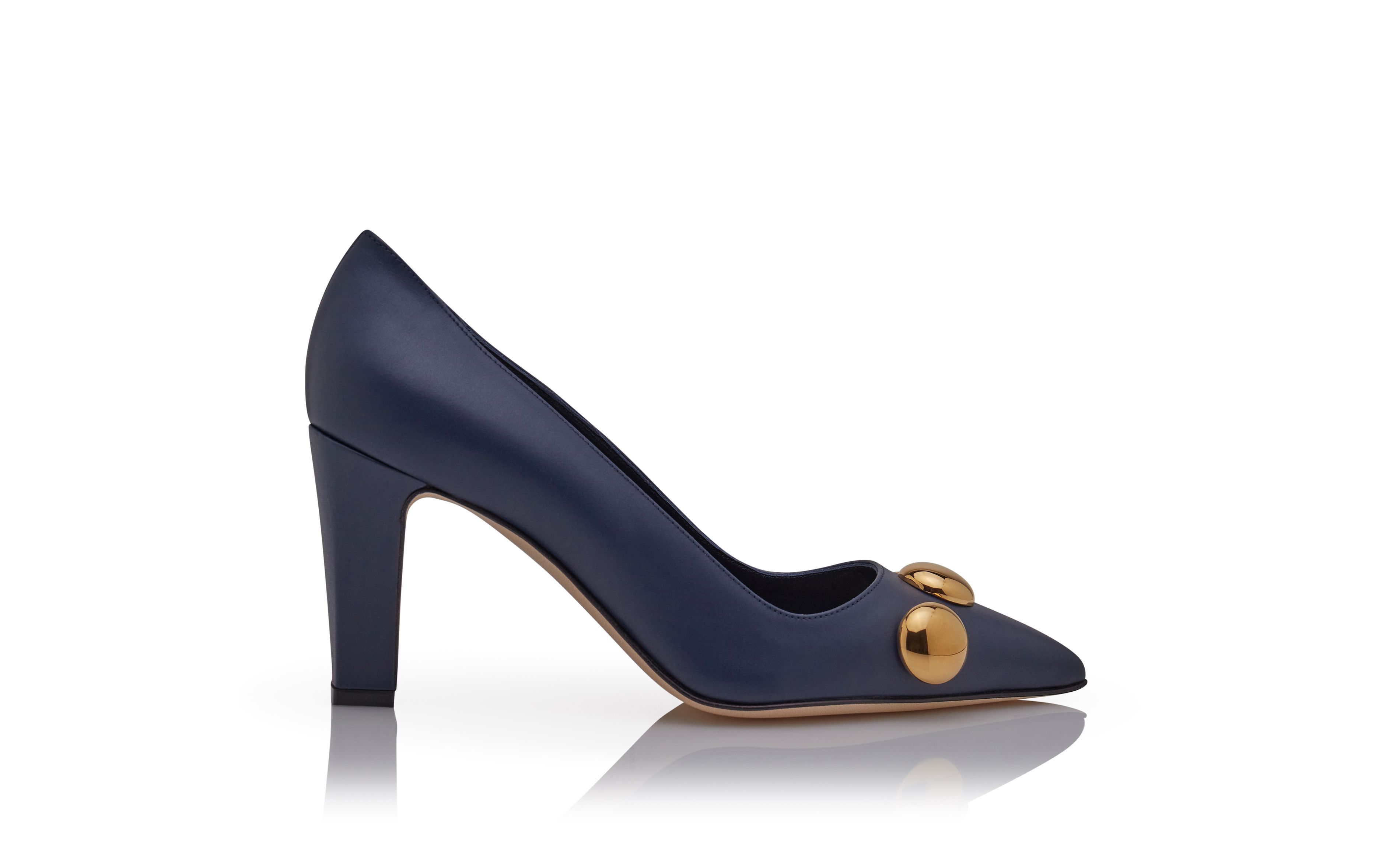 Designer Navy Blue Calf Leather Pointed Toe Pumps - Image Side View