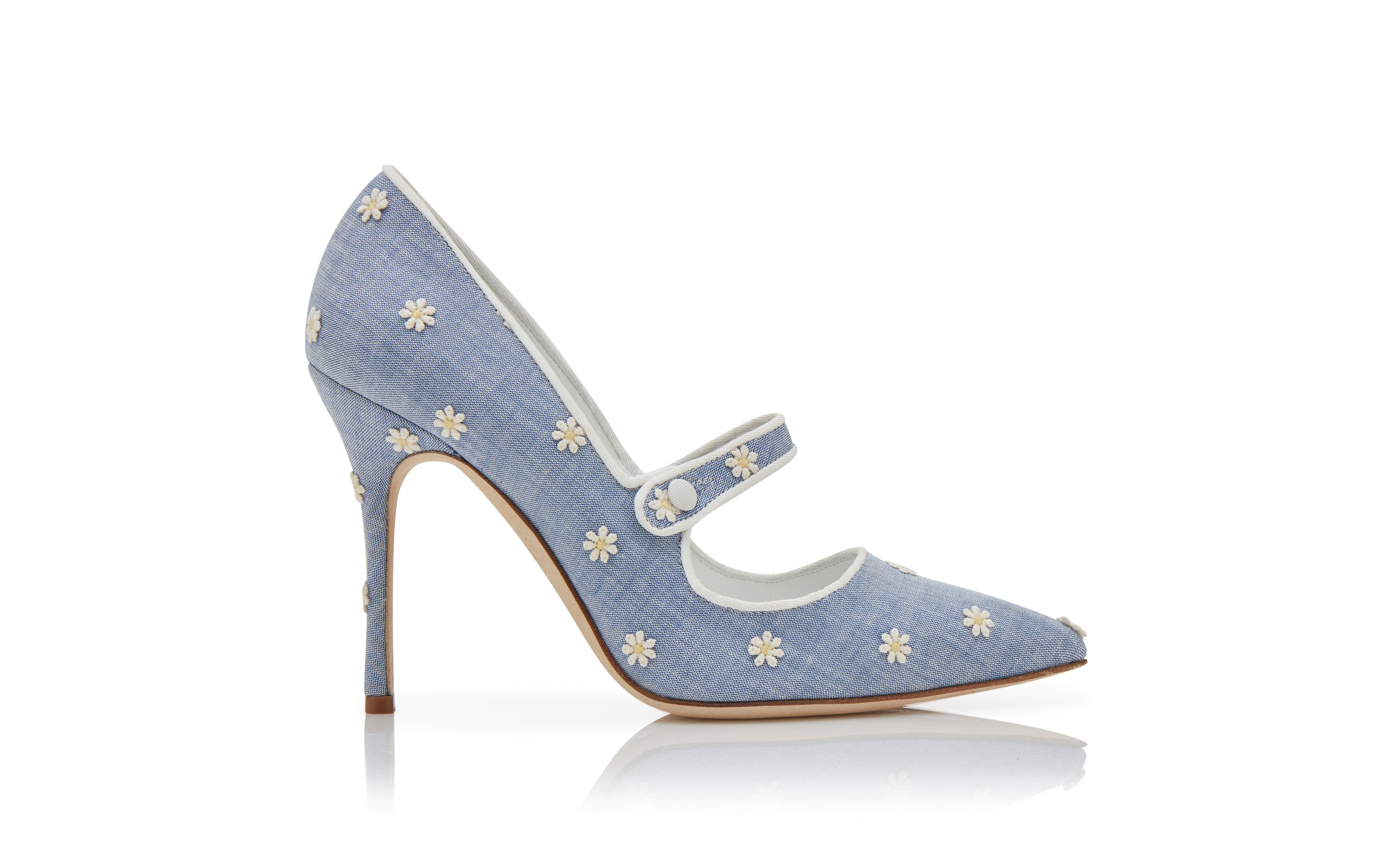 Designer Blue and White Chambray Daisy Pumps - Image Side View