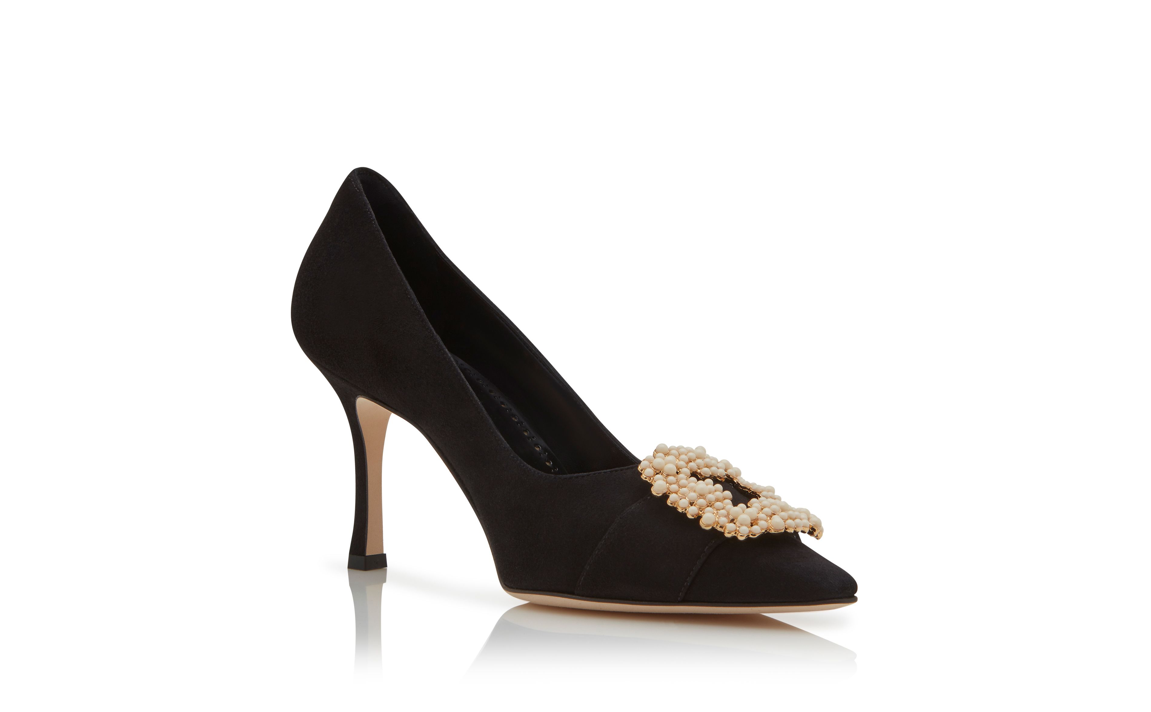 Designer Black Suede Pearl Buckle Pumps - Image Upsell