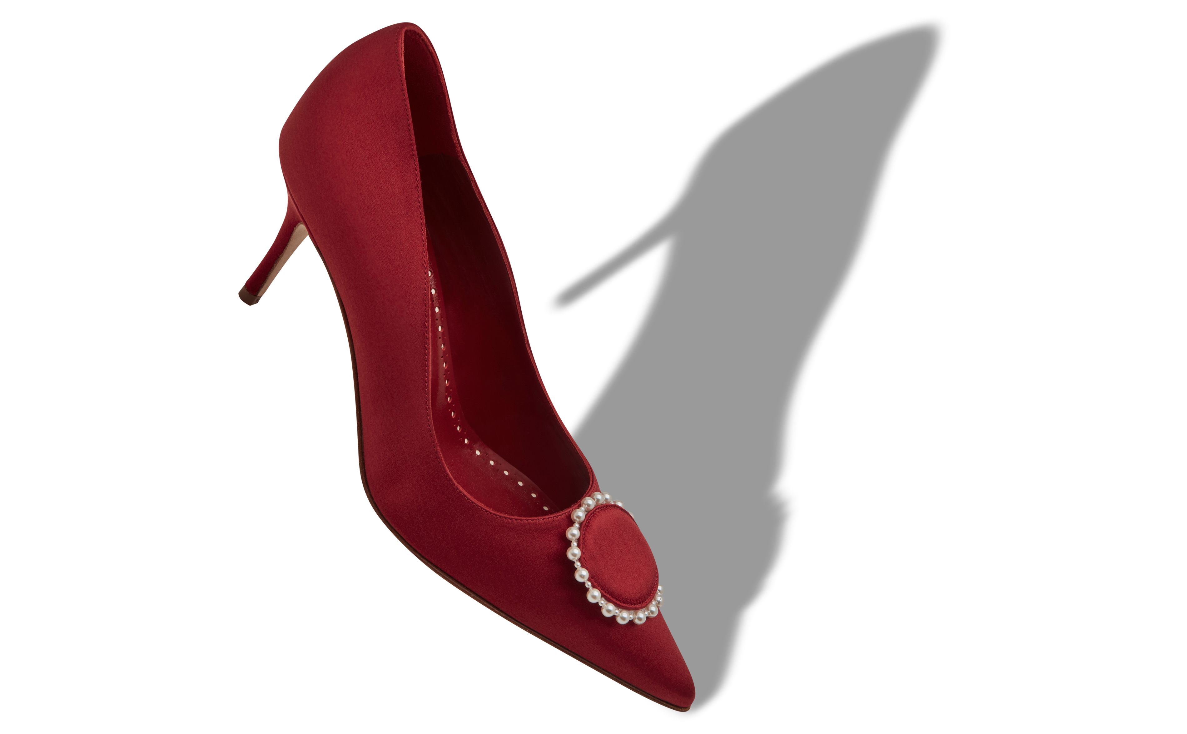 Designer Red Satin Pearl Detail Pumps  - Image small_image