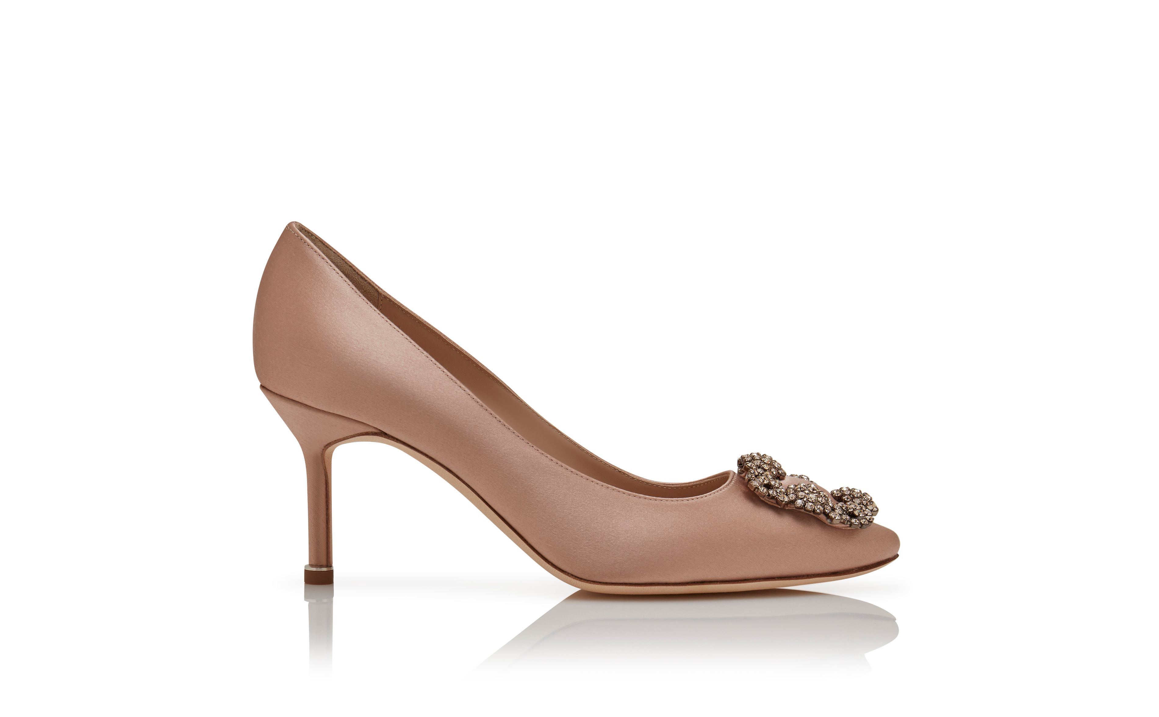 Designer Beige Satin Jewel Buckle Pumps - Image Side View