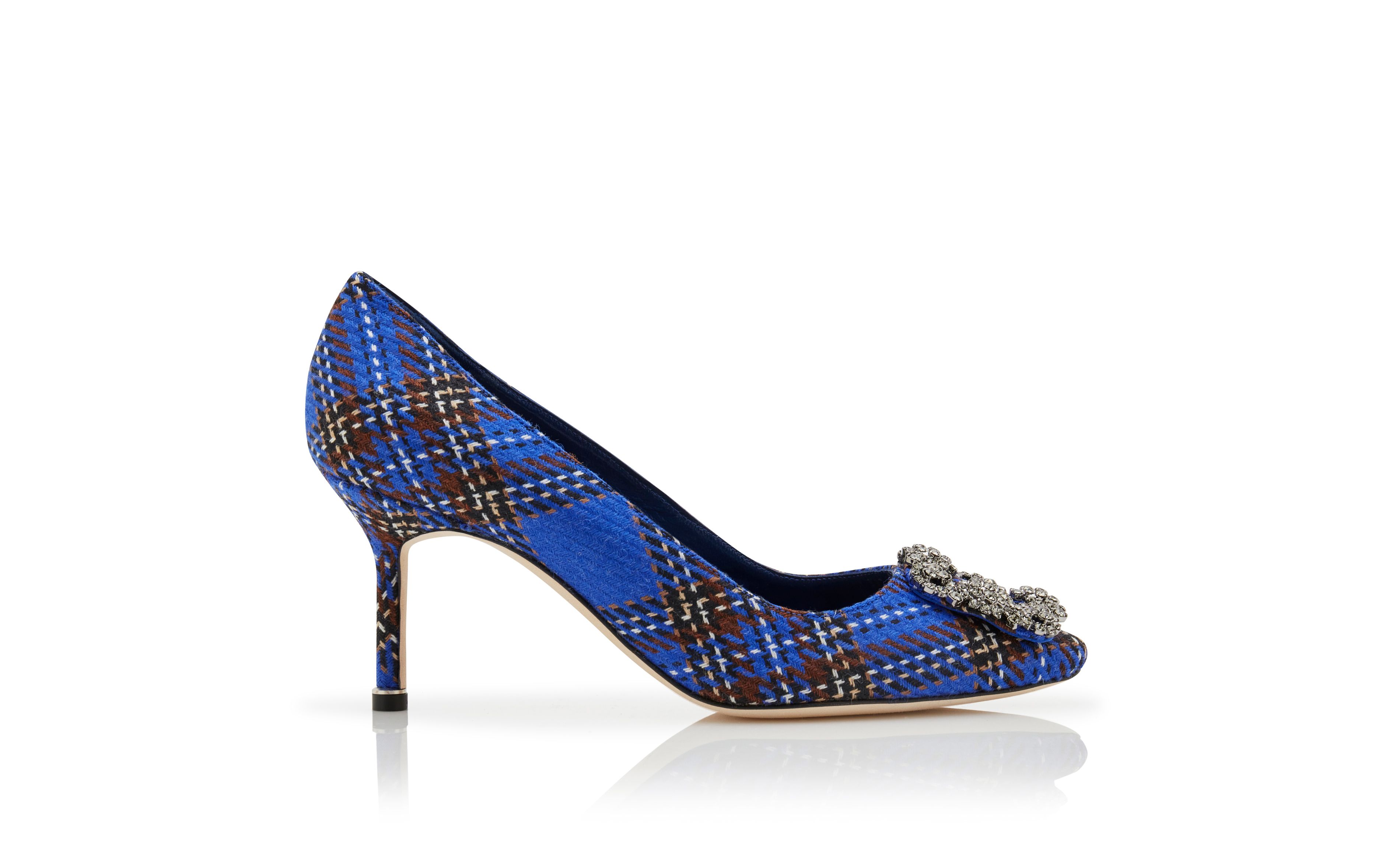 Designer Blue Wool Tartan Jewel Buckle Pumps - Image Side View