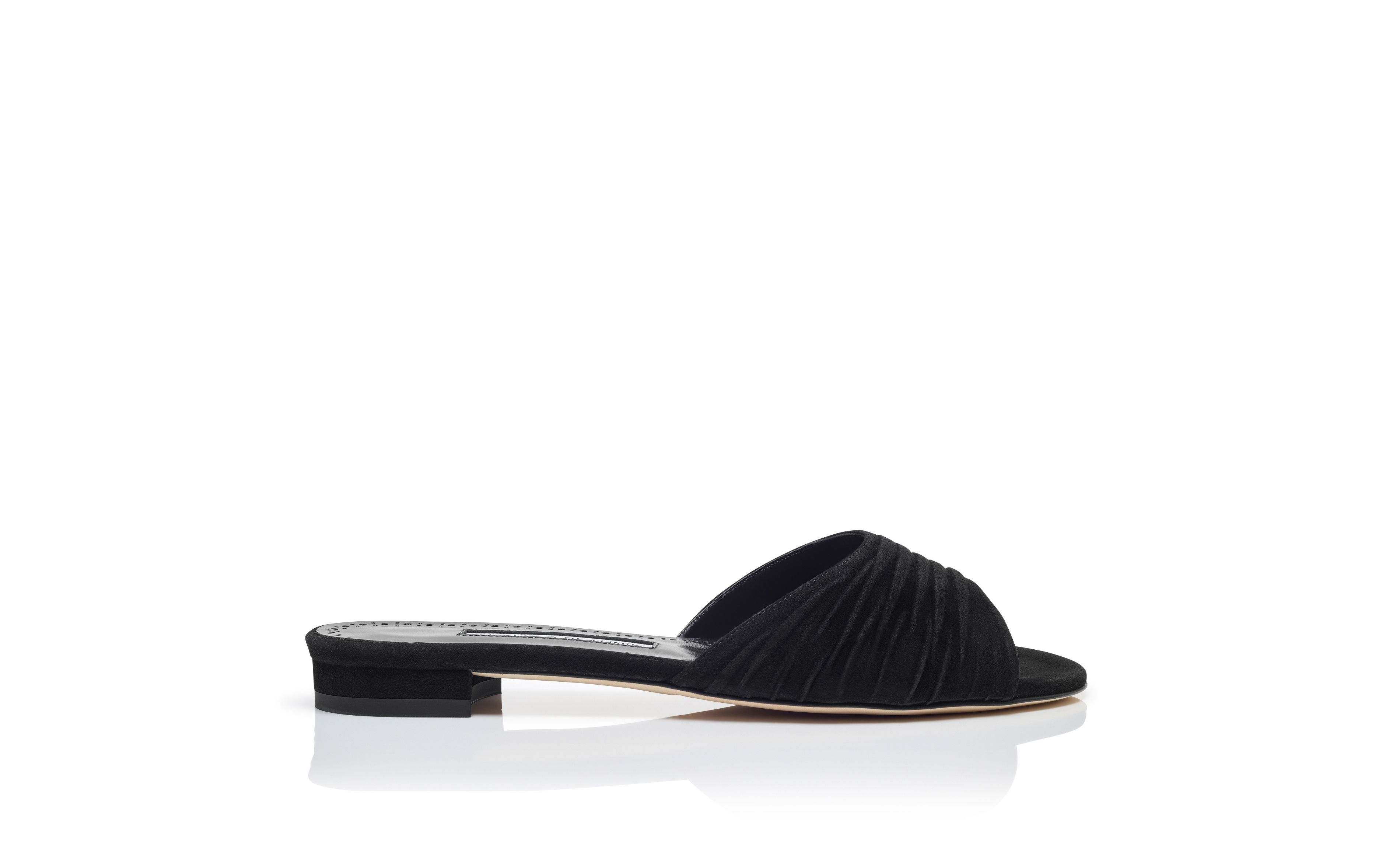 Designer Black Suede Ruched Detail Flat Sandals - Image Side View