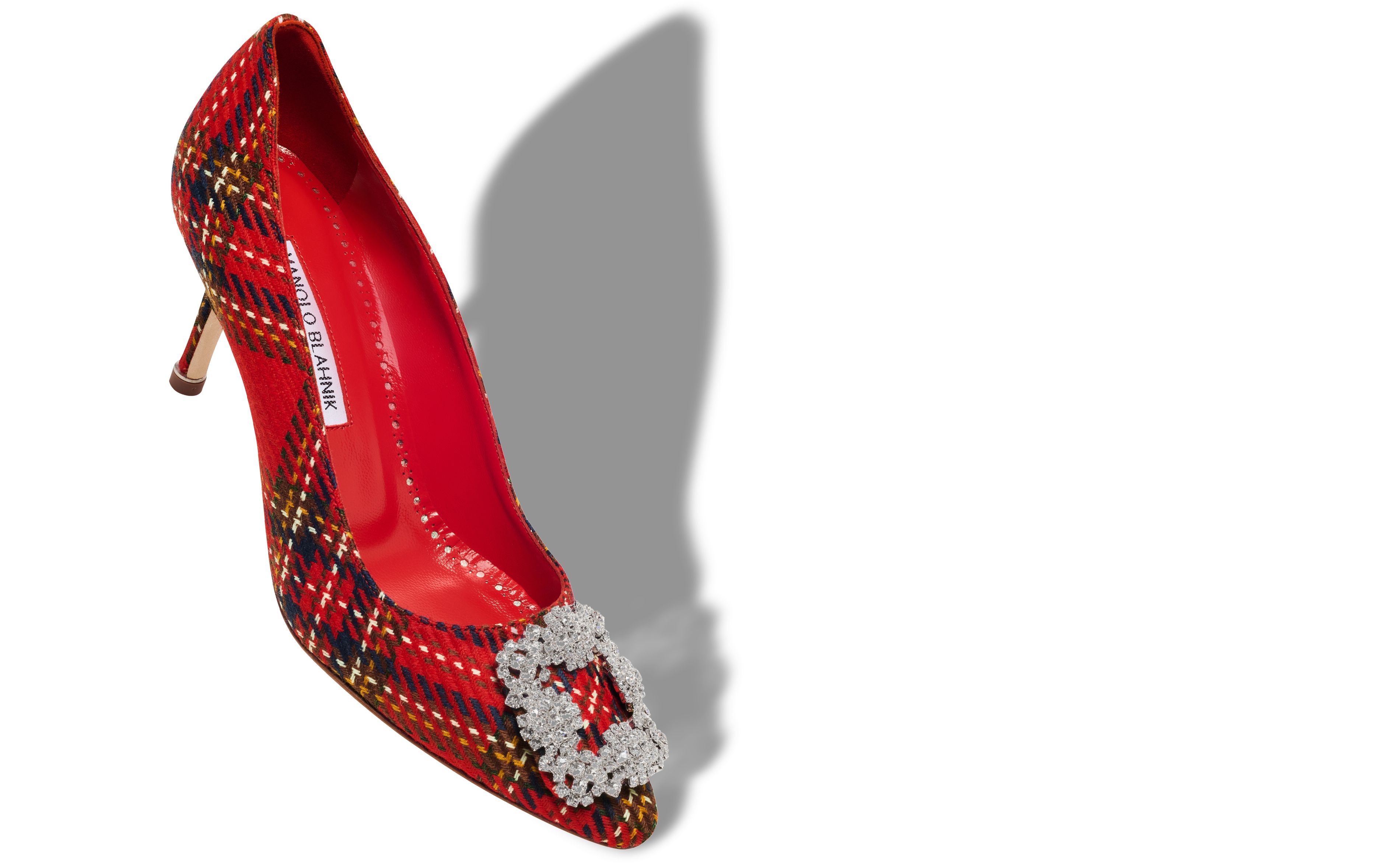 Designer Red Wool Tartan Jewel Buckle Pumps  - Image small_image