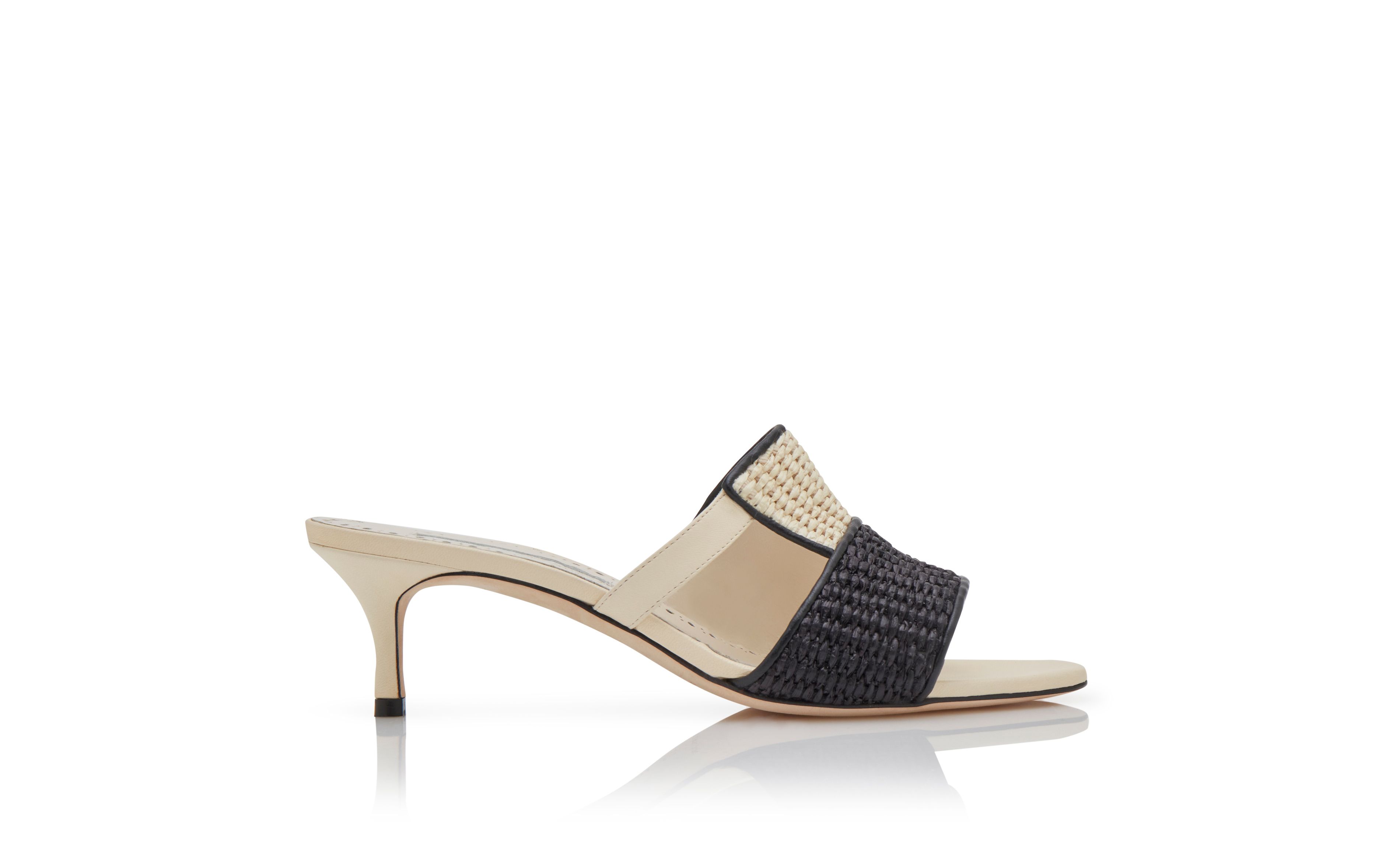 Designer Cream and Black Raffia Open Toe Mules - Image Side View