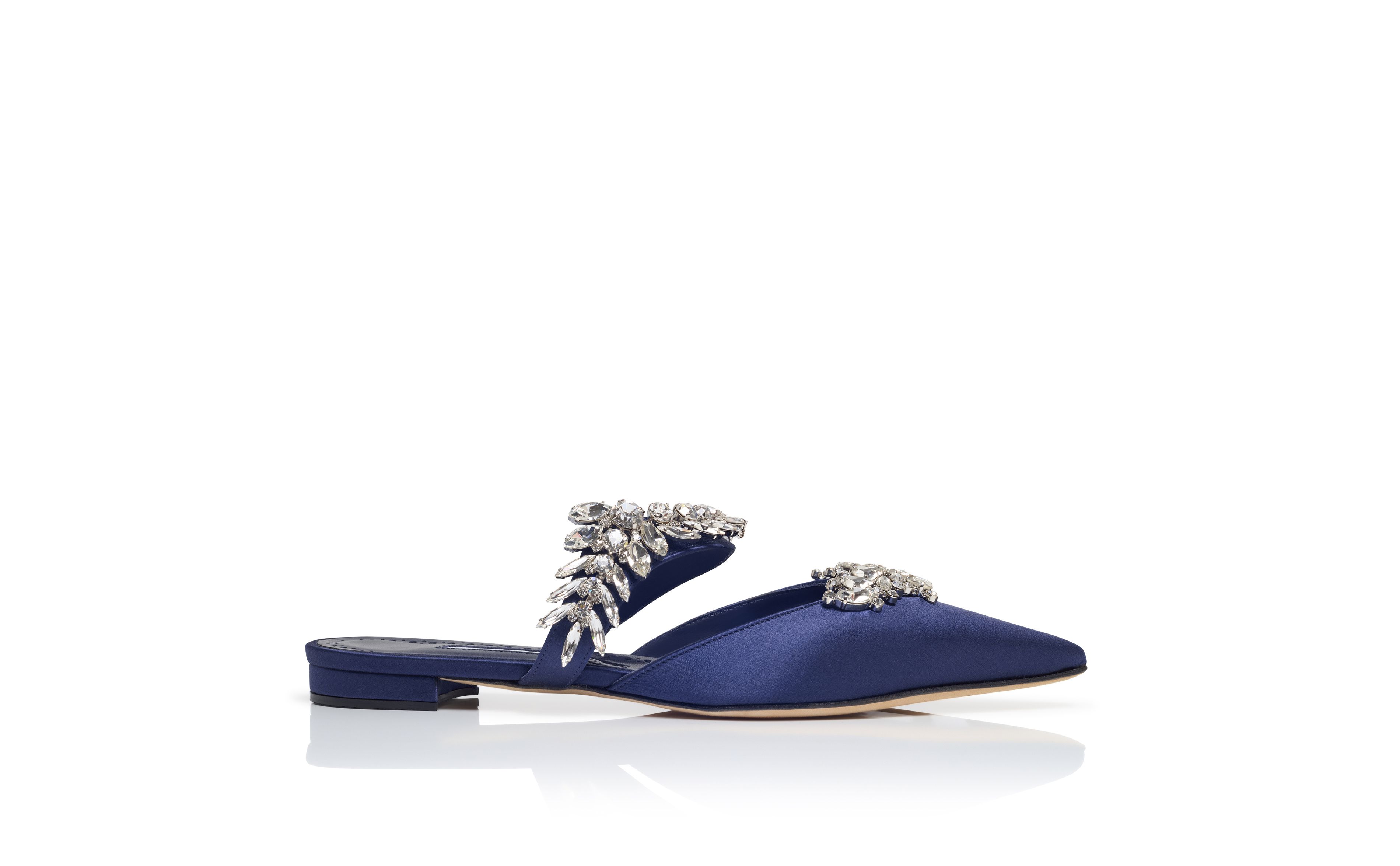 Designer Navy Blue Satin Crystal Embellished Flat Mules - Image Side View