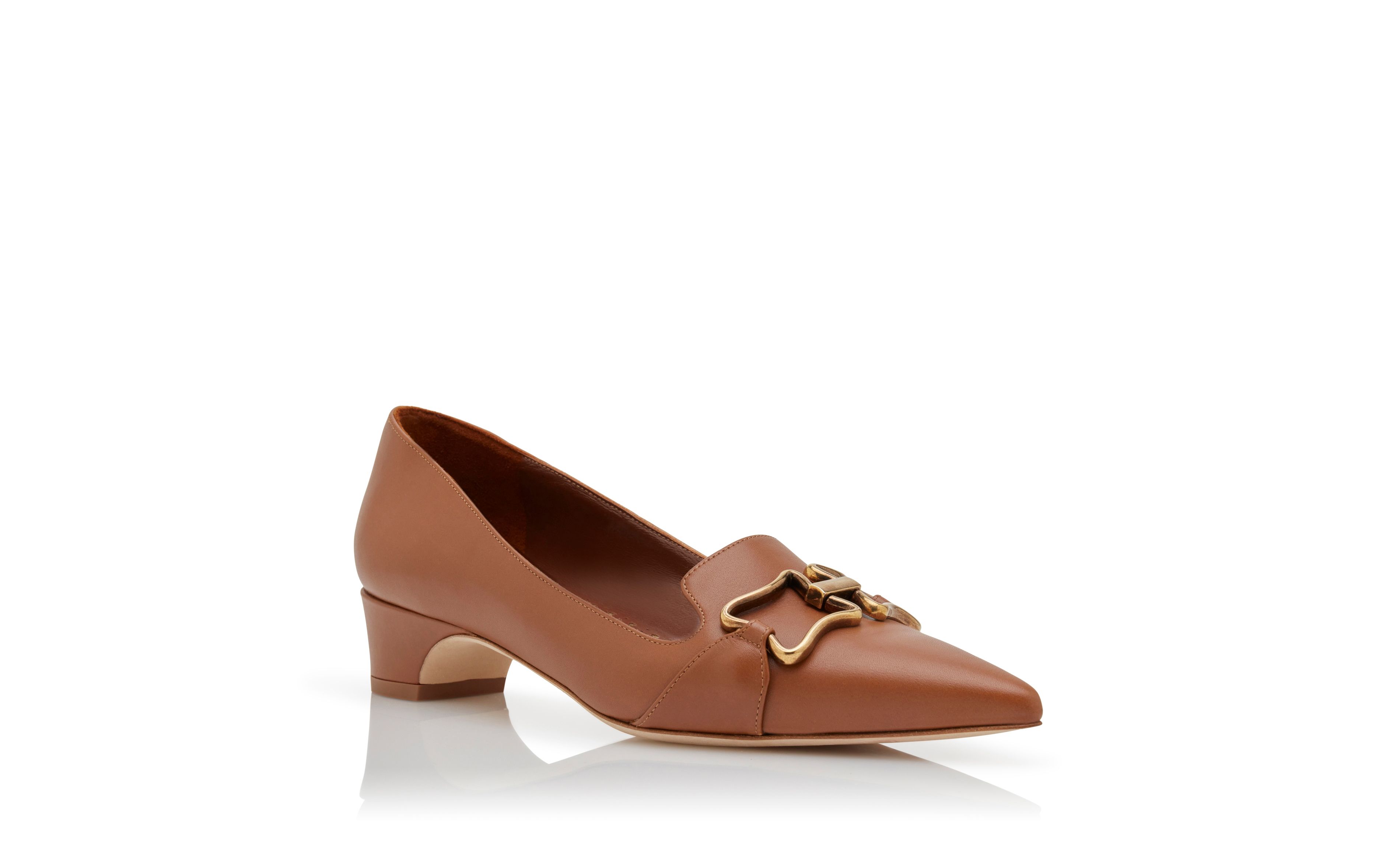 Designer Brown Calf Leather Buckle Detail Pumps - Image Upsell