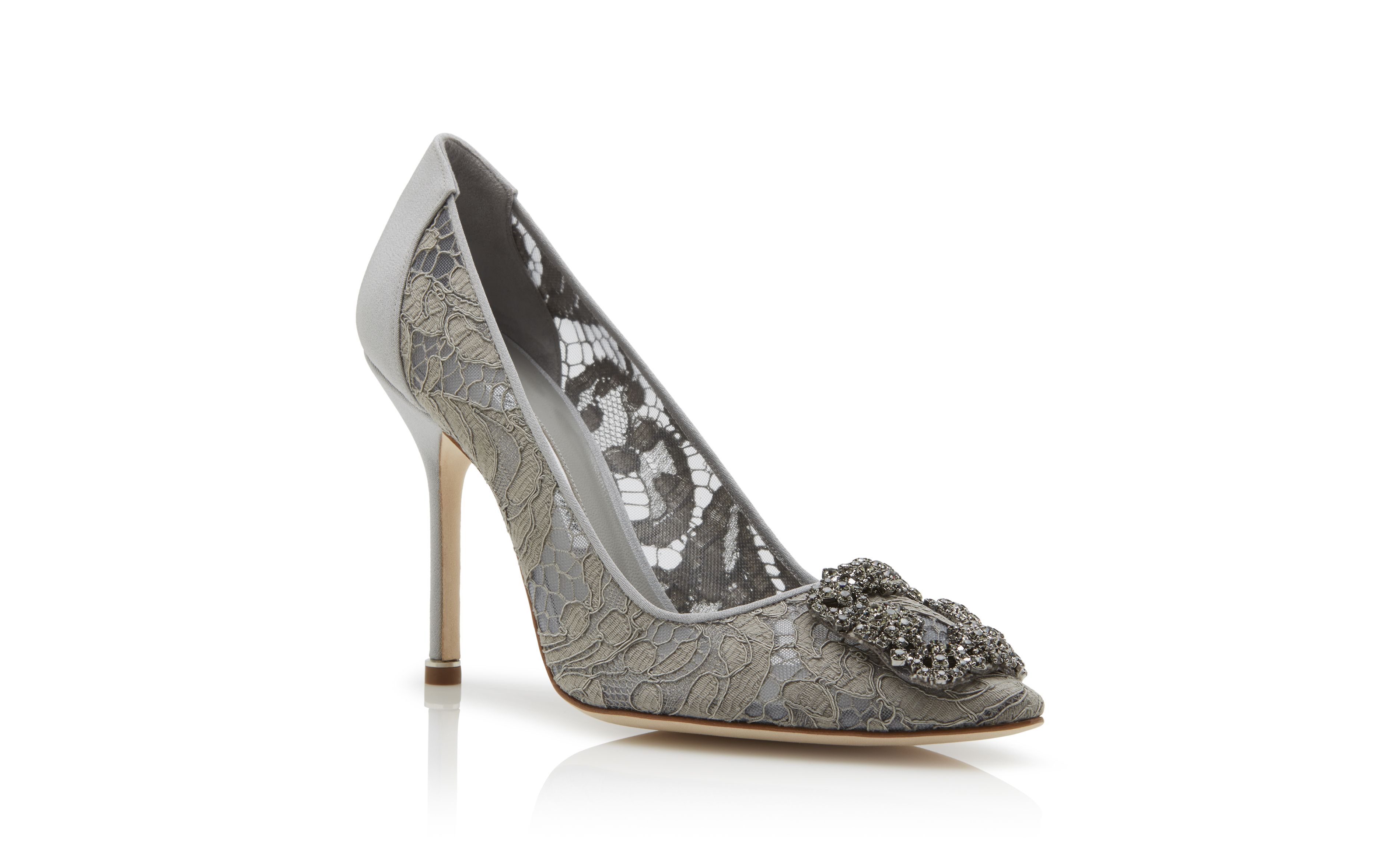 HANGISI LACE Grey Lace Jewel Buckle Pumps Manolo Blahnik