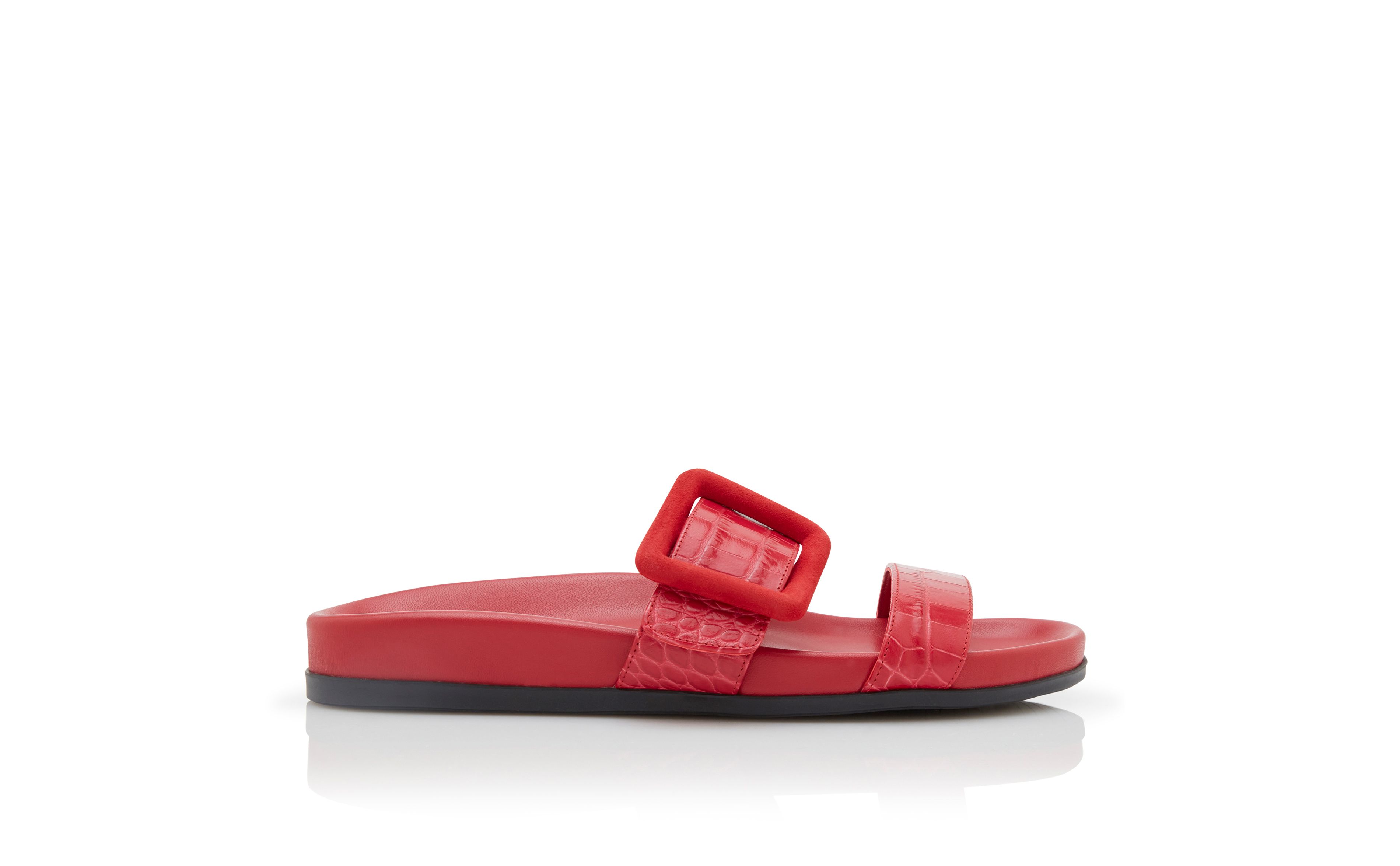 Designer Red Calf Leather Buckle Detail Flat Mules - Image Side View