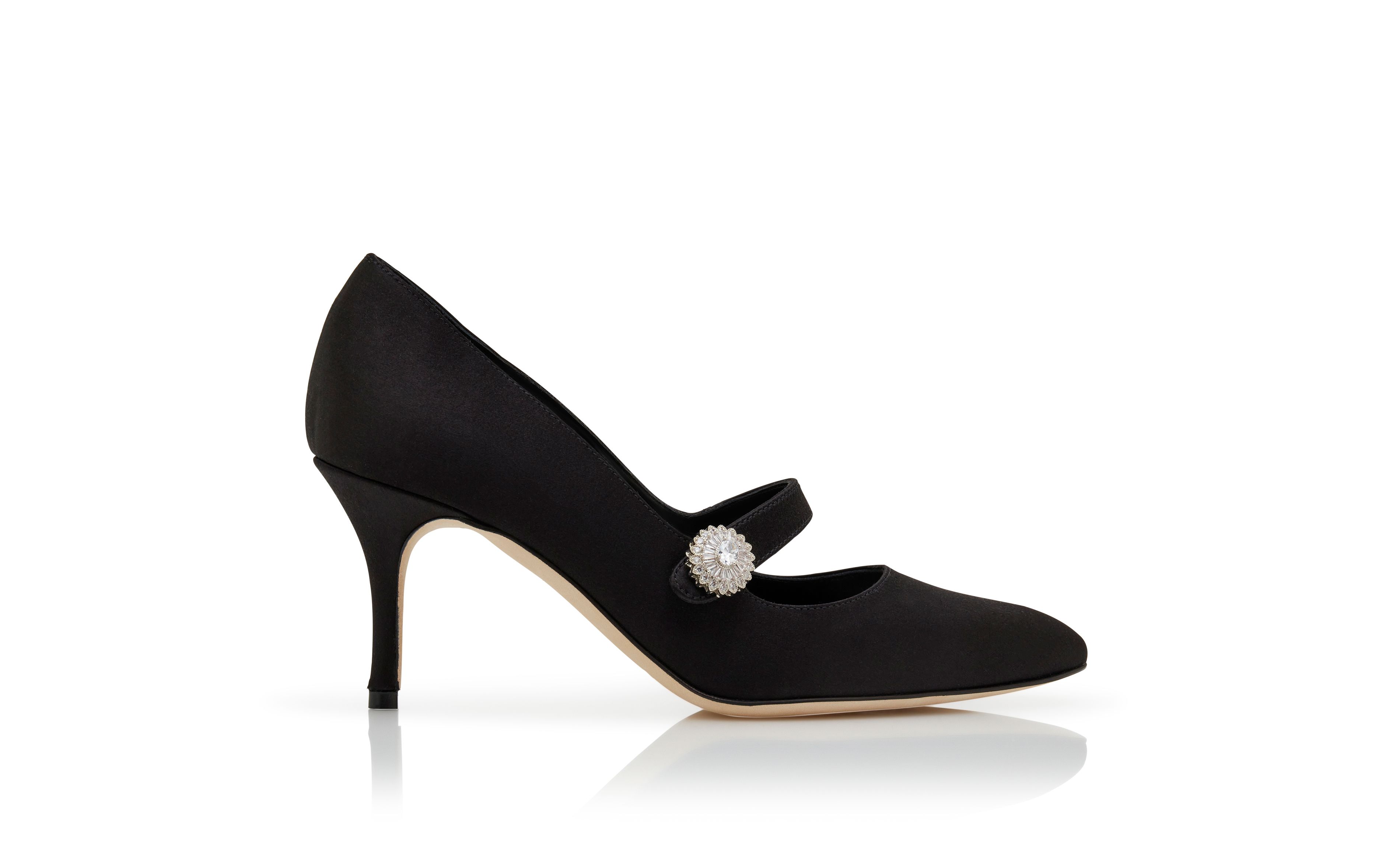 Designer Black Satin Embellished Mary Jane Pumps - Image Side View