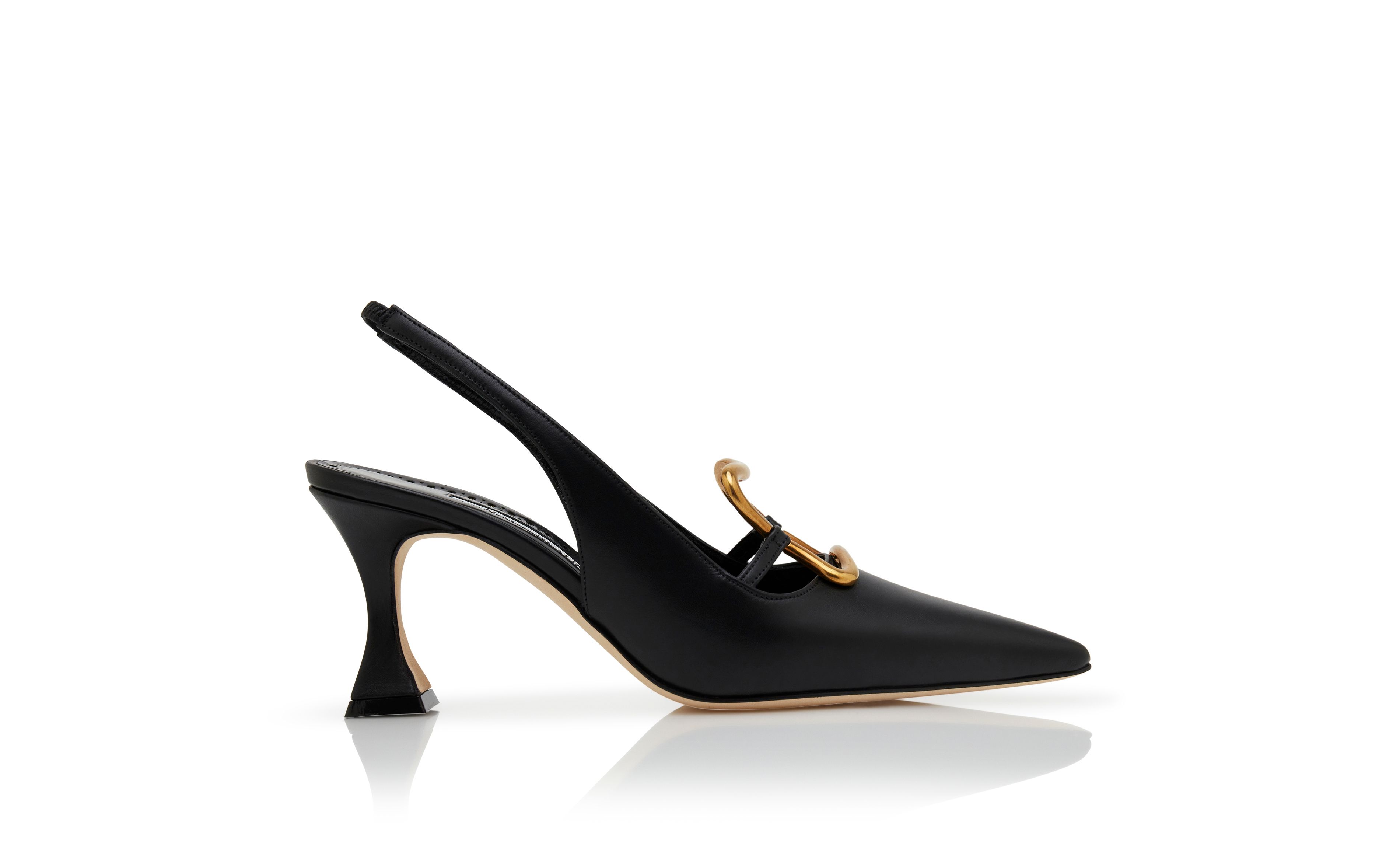 Designer Black Calf Leather Slingback Pumps - Image Side View