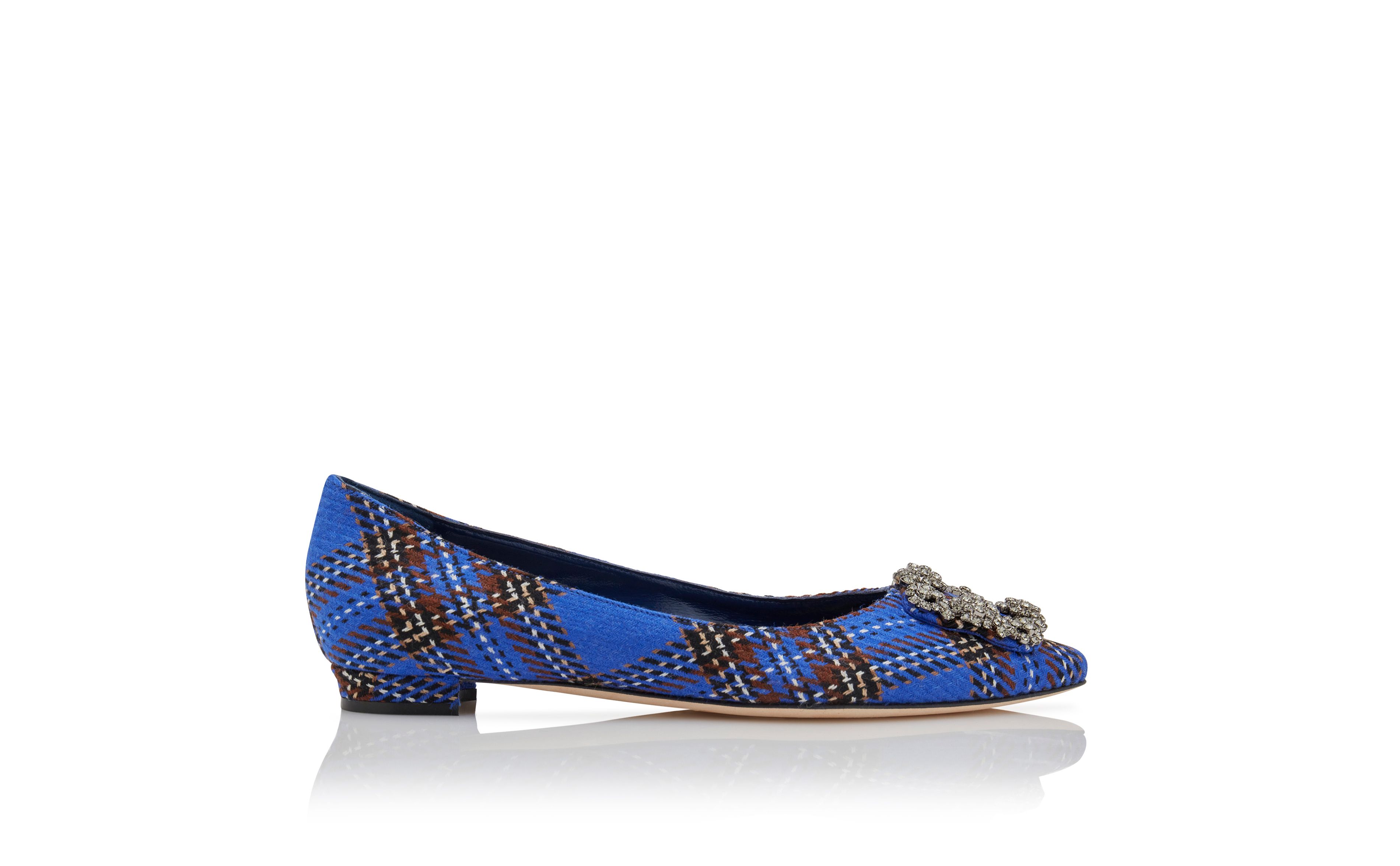 Designer Blue Wool Tartan Jewel Buckle Flat Pumps - Image Side View