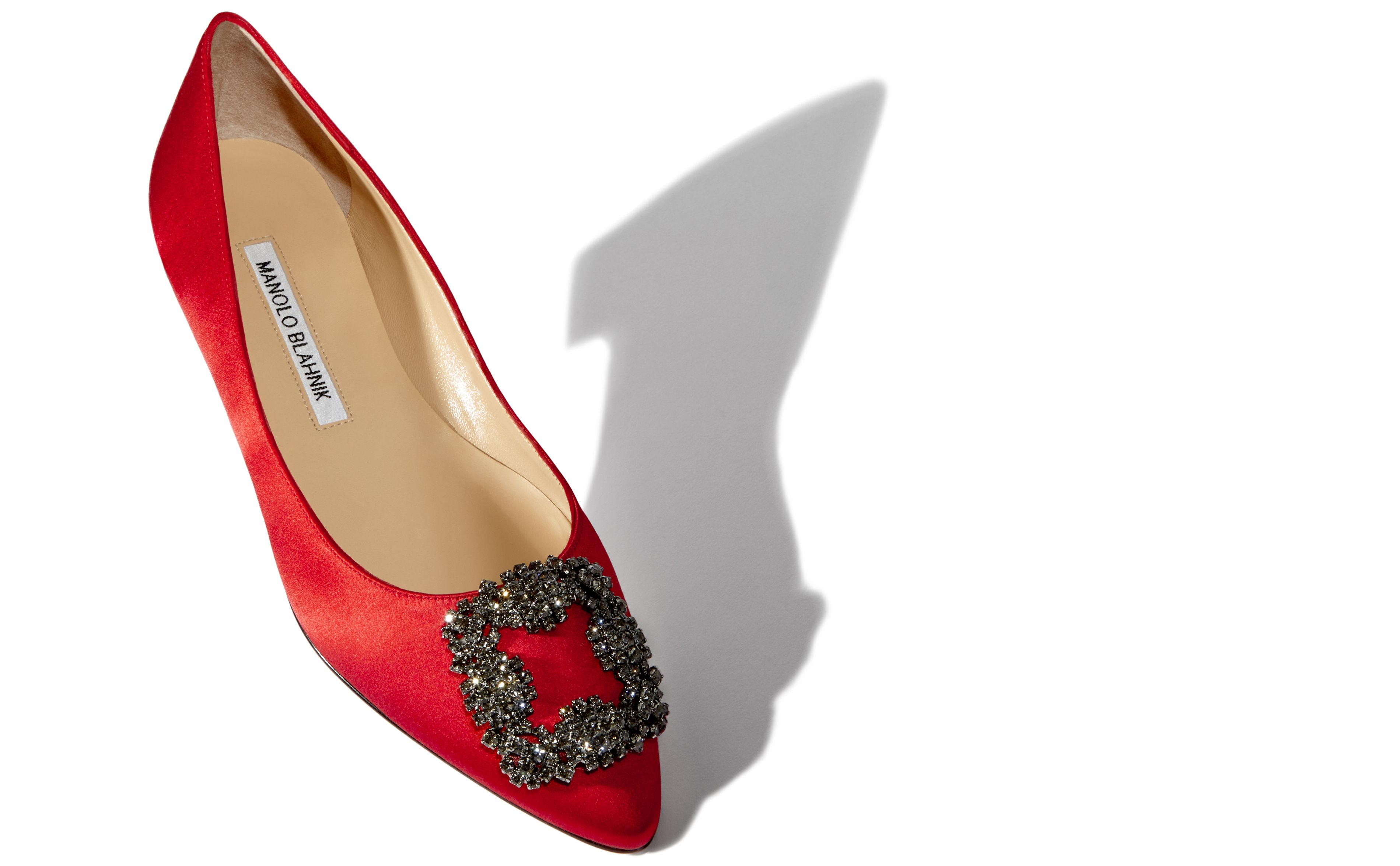 Hangisiflat Red Satin Jewel Buckle Flats Manolo Blahnik