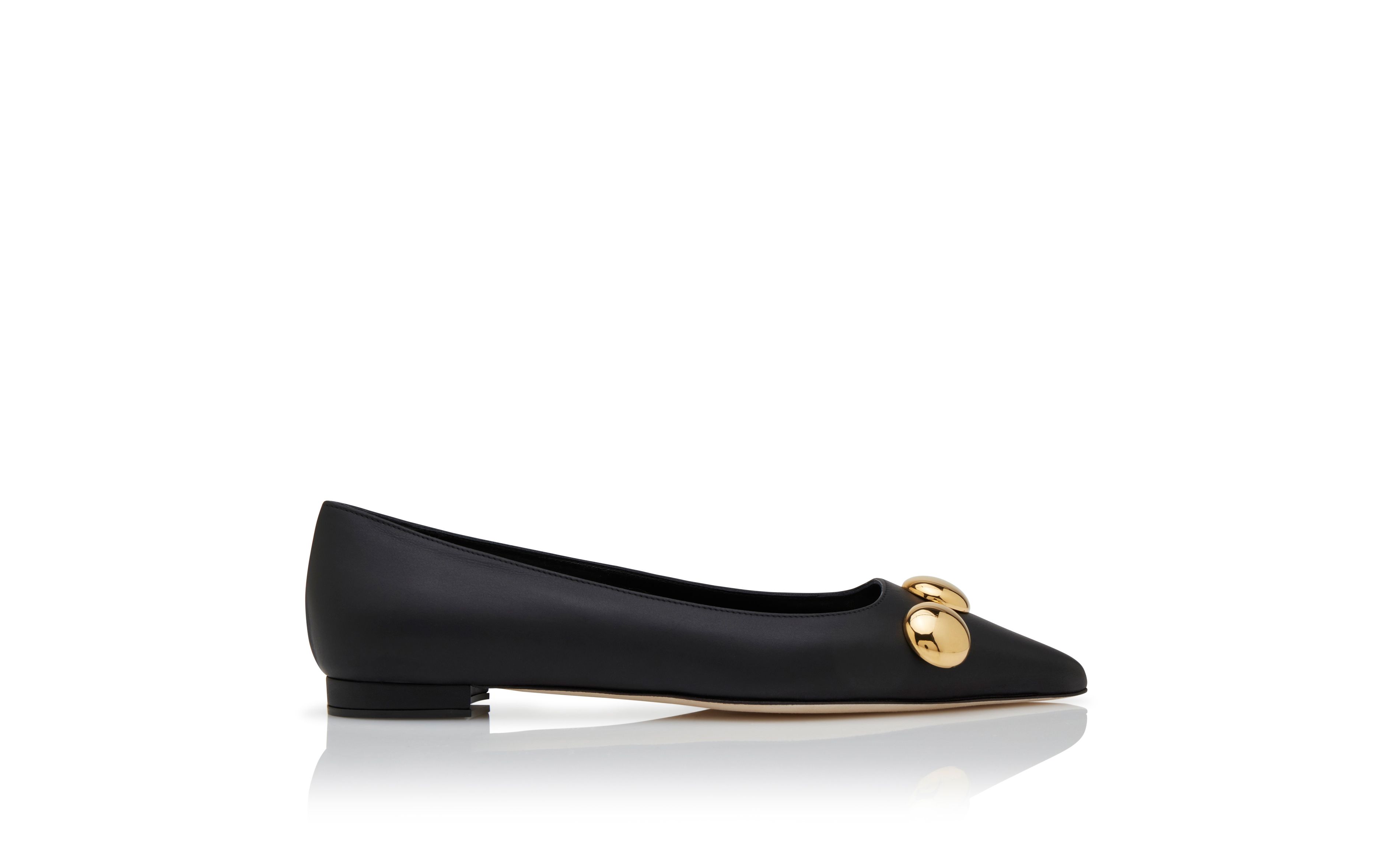 Designer Black Calf Leather Pointed Toe Flat Pumps - Image Side View