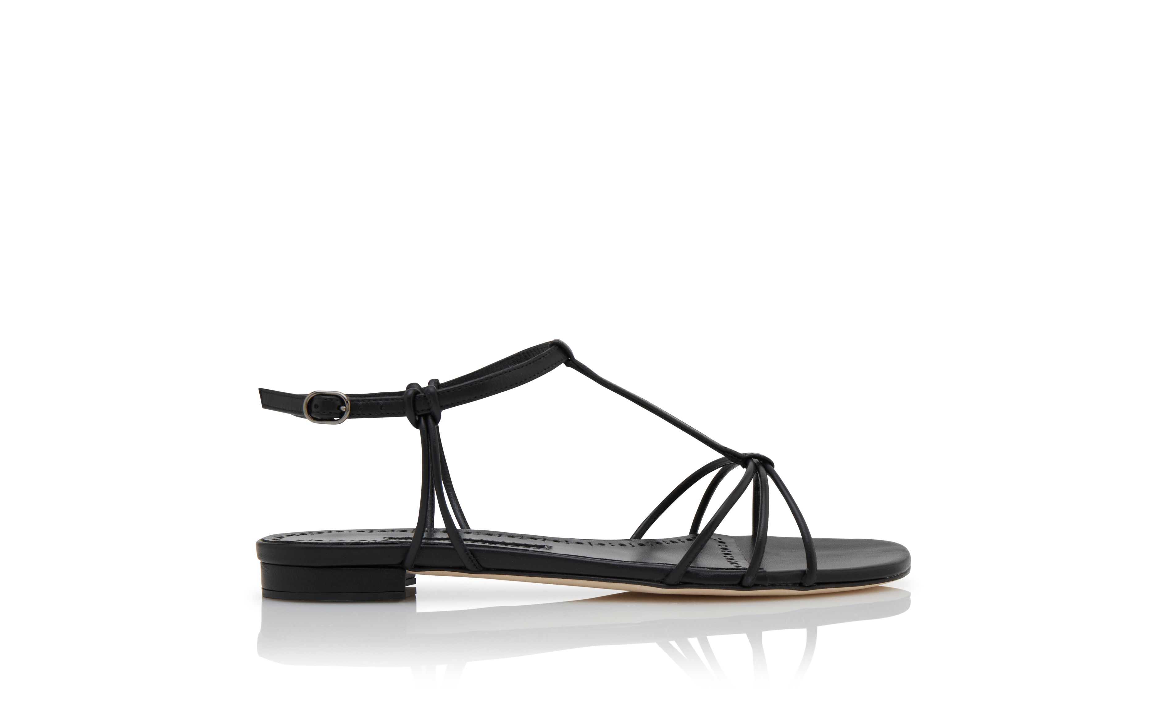 Designer Black Nappa Leather Ankle Strap Flat Sandals - Image Side View