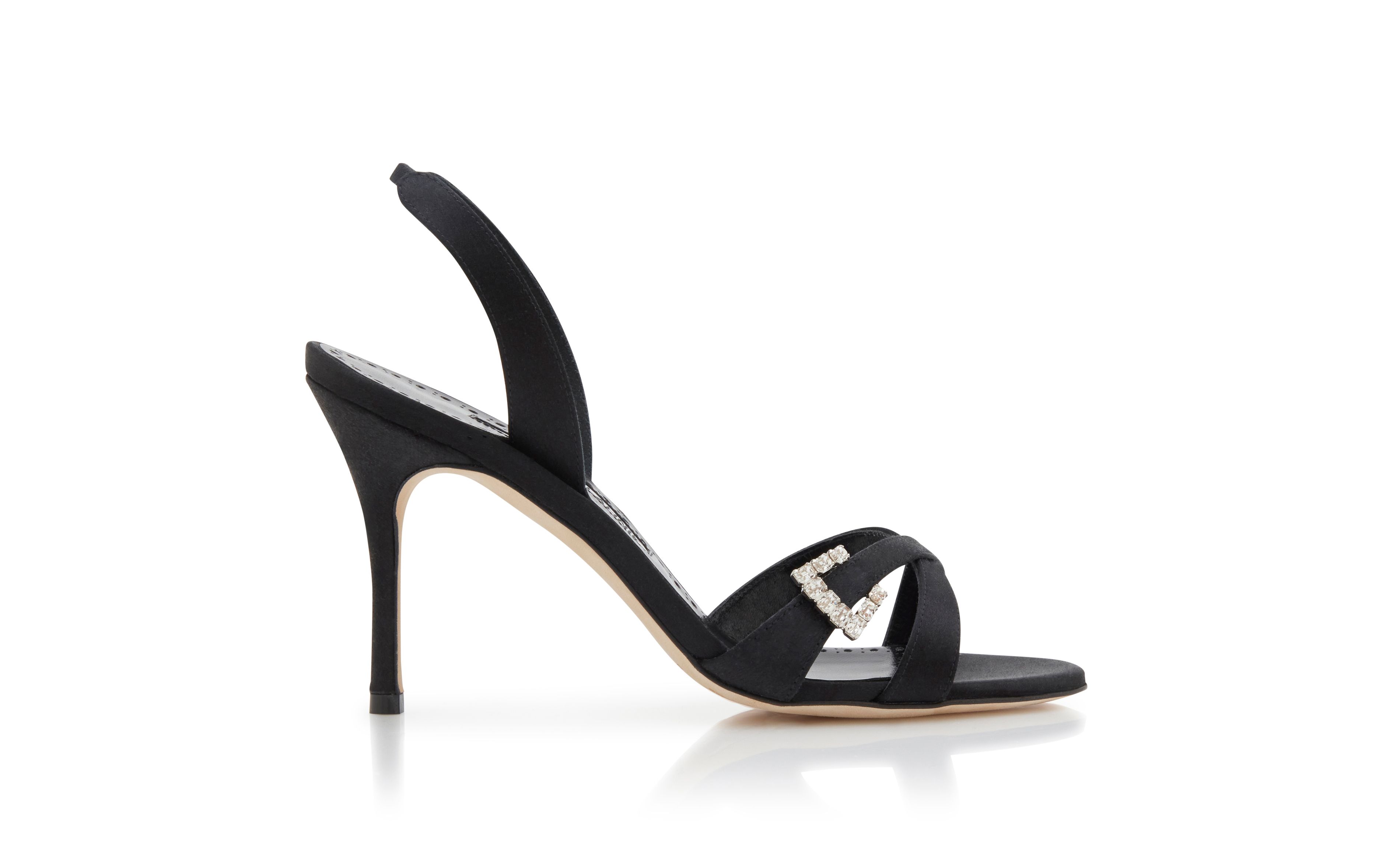 Designer Black Satin Slingback Sandals - Image Side View