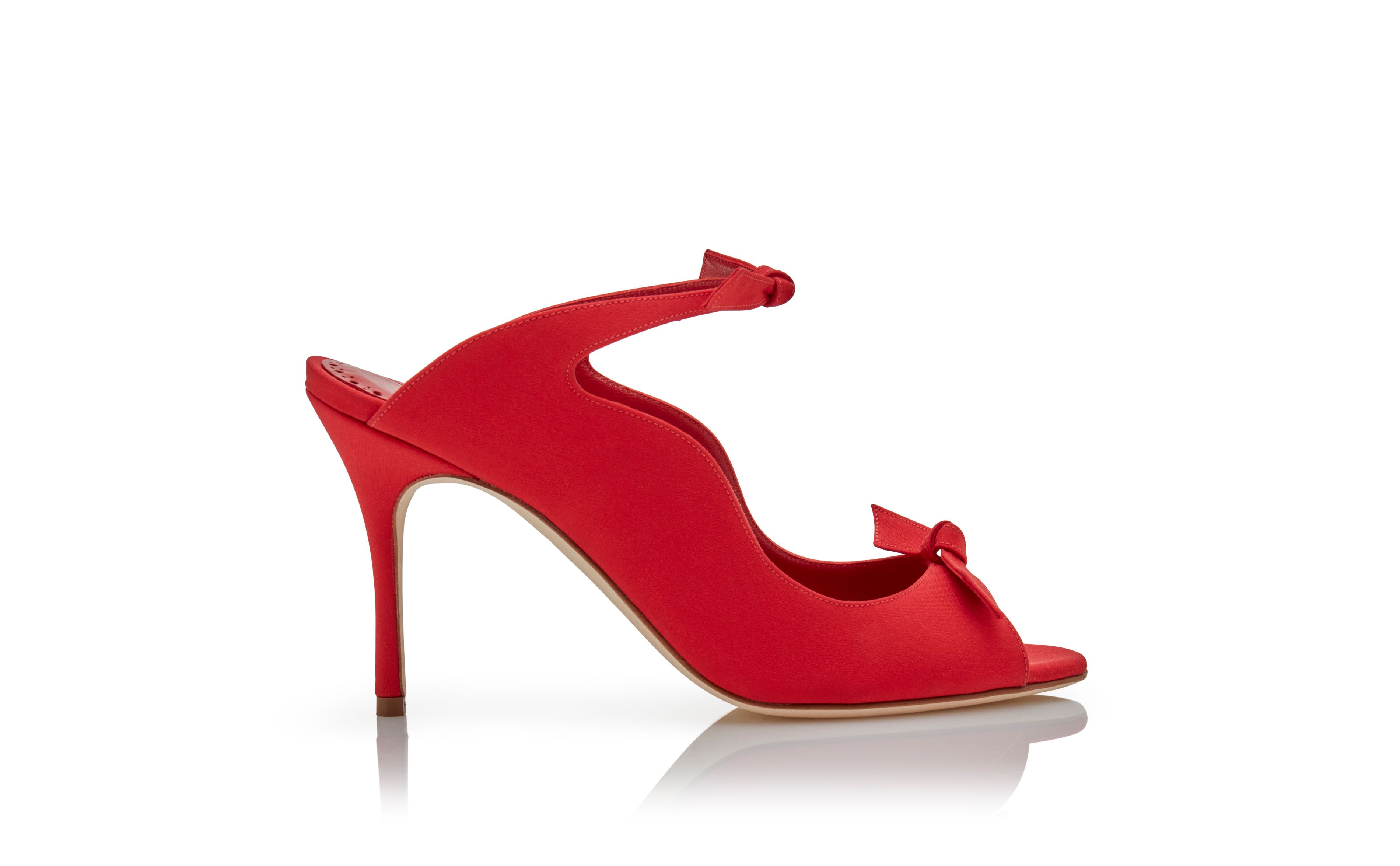 Designer Red Crepe De Chine Scalloped Mules - Image Side View