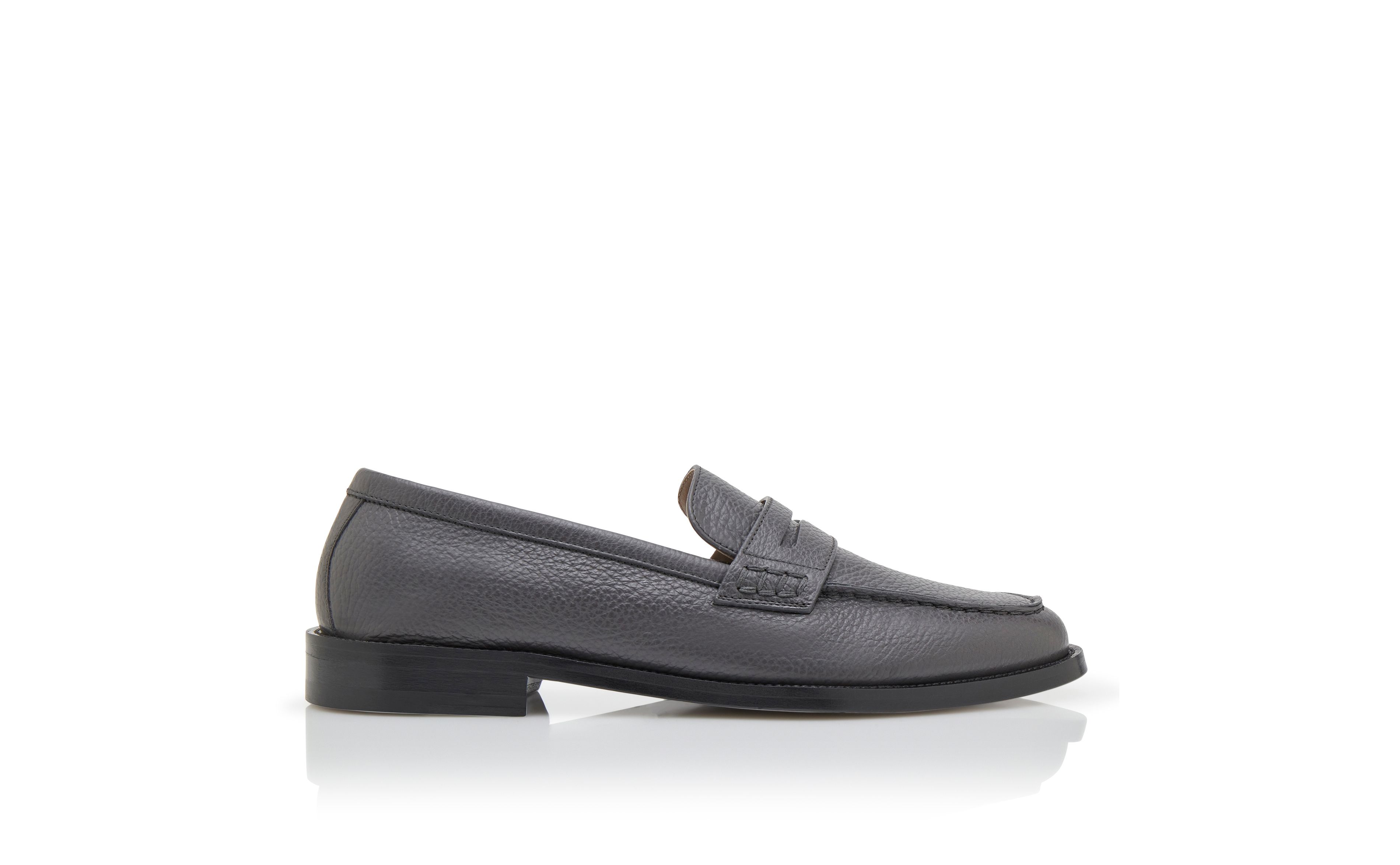 Designer Dark Grey Calf Leather Penny Loafers - Image Side View