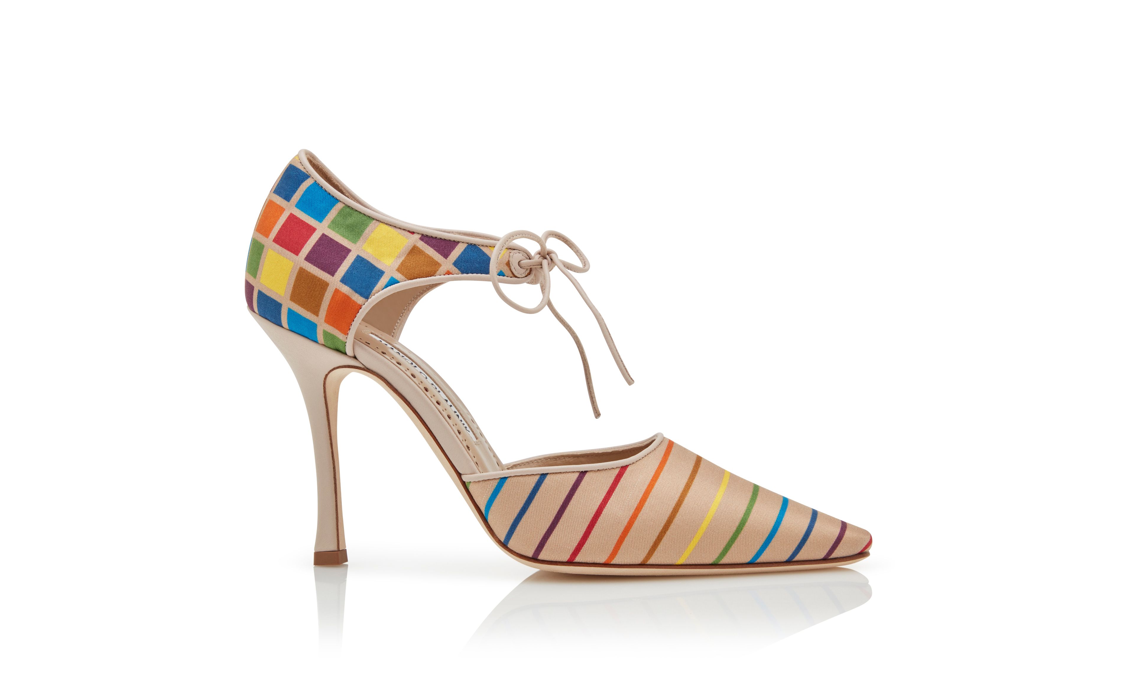 Designer Multicoloured Silk Ankle Strap Pumps - Image Side View