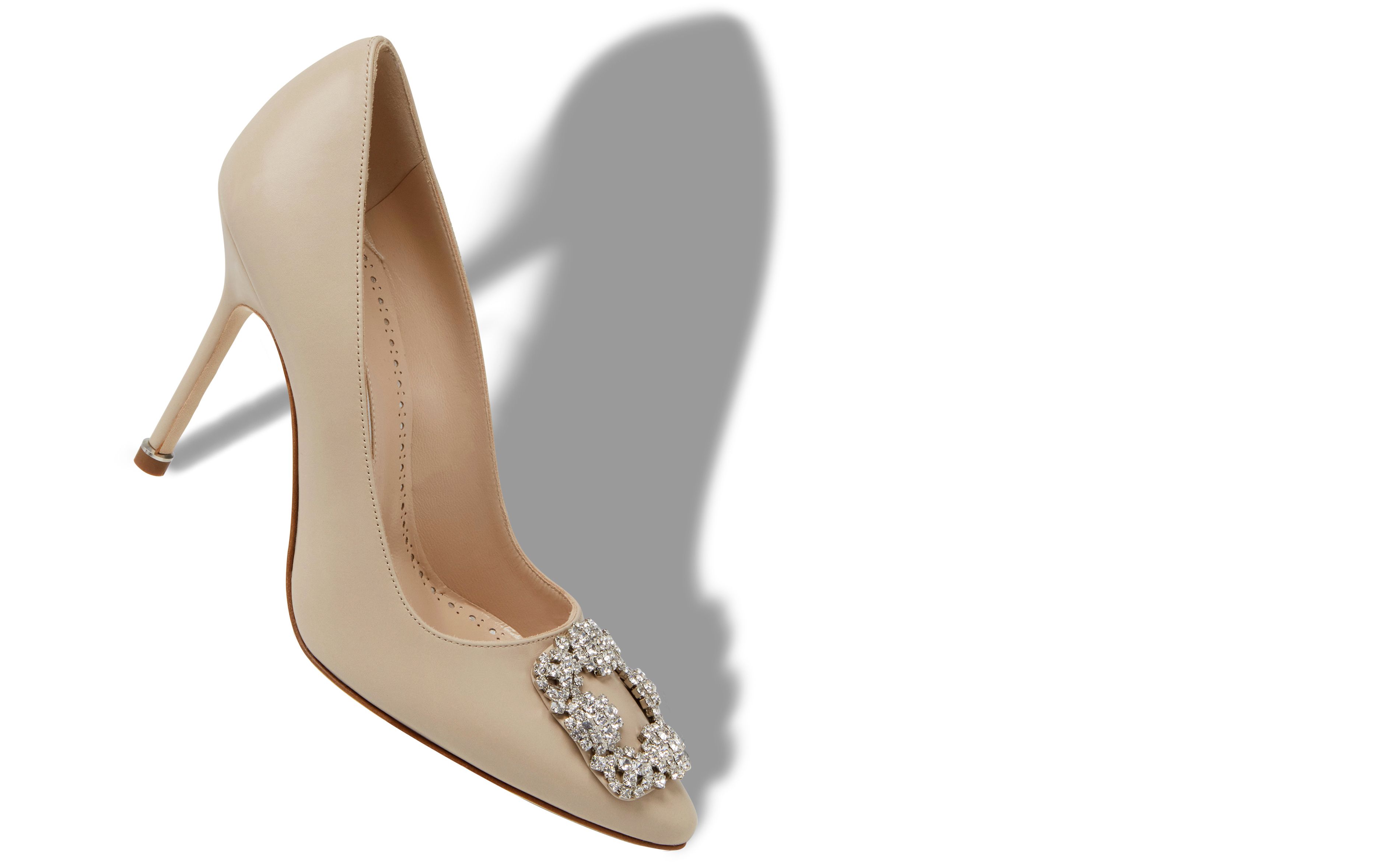 Designer Light Beige Calf Leather Jewel Buckle Pumps - Image small_image