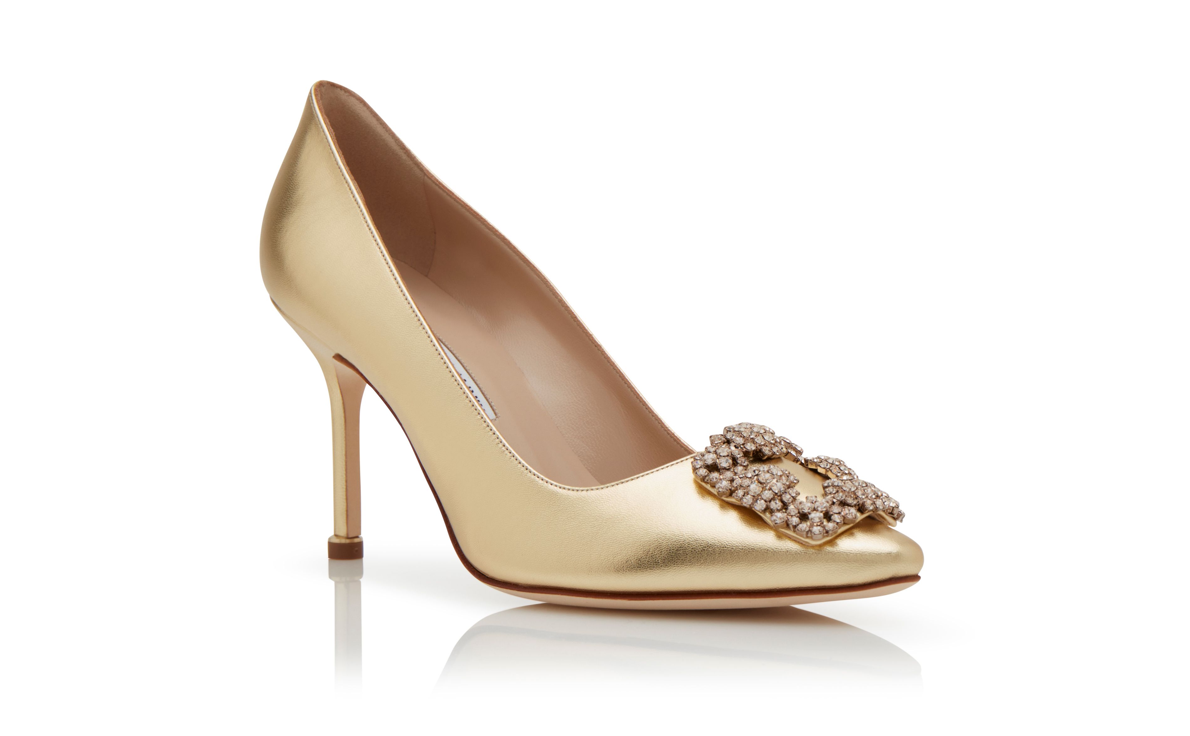 HANGISI 90 | Gold Nappa Leather Jewel Buckle Pumps | Manolo Blahnik