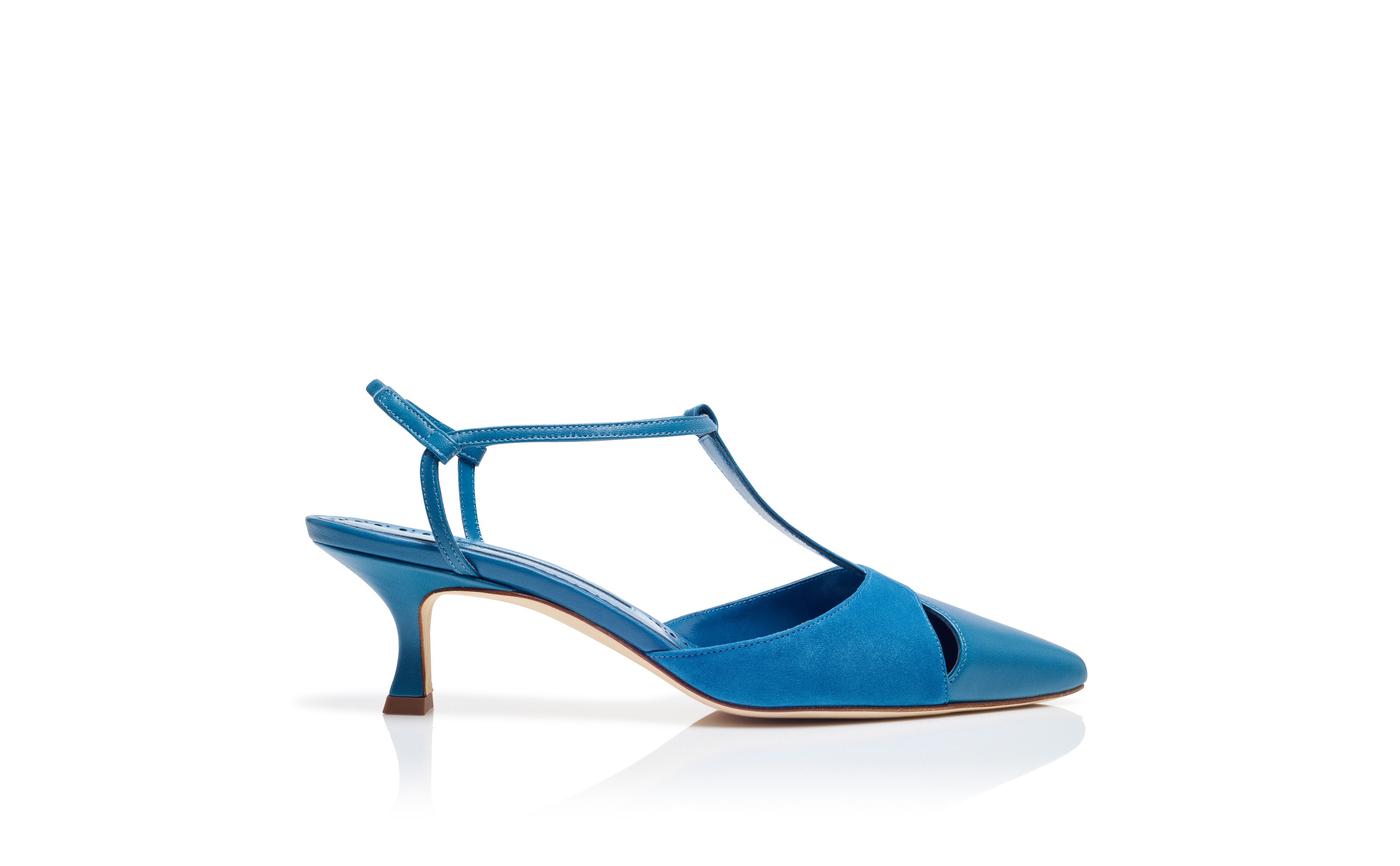 Designer Blue Nappa Leather T-Bar Pumps - Image Side View