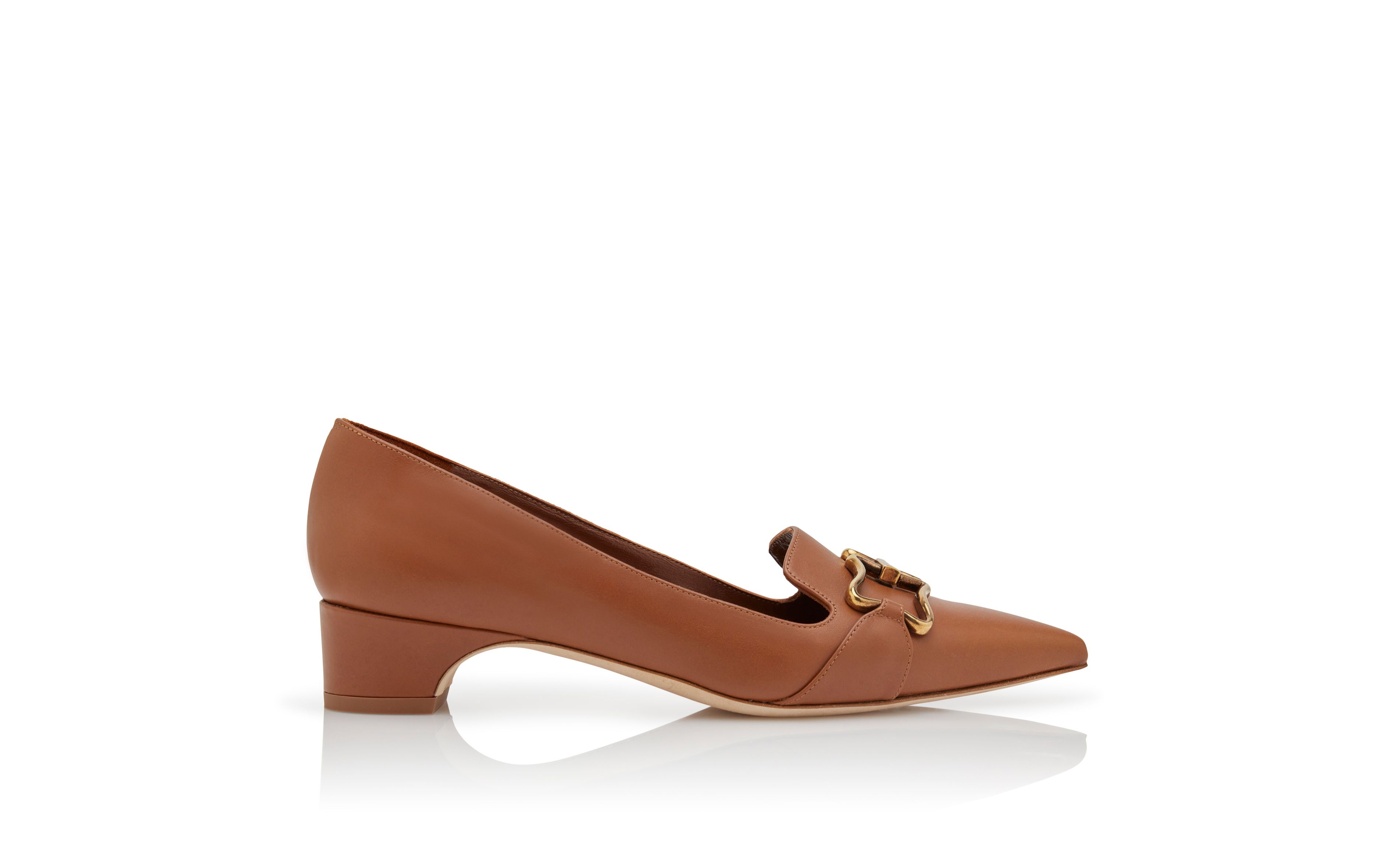 Designer Brown Calf Leather Buckle Detail Pumps - Image Side View