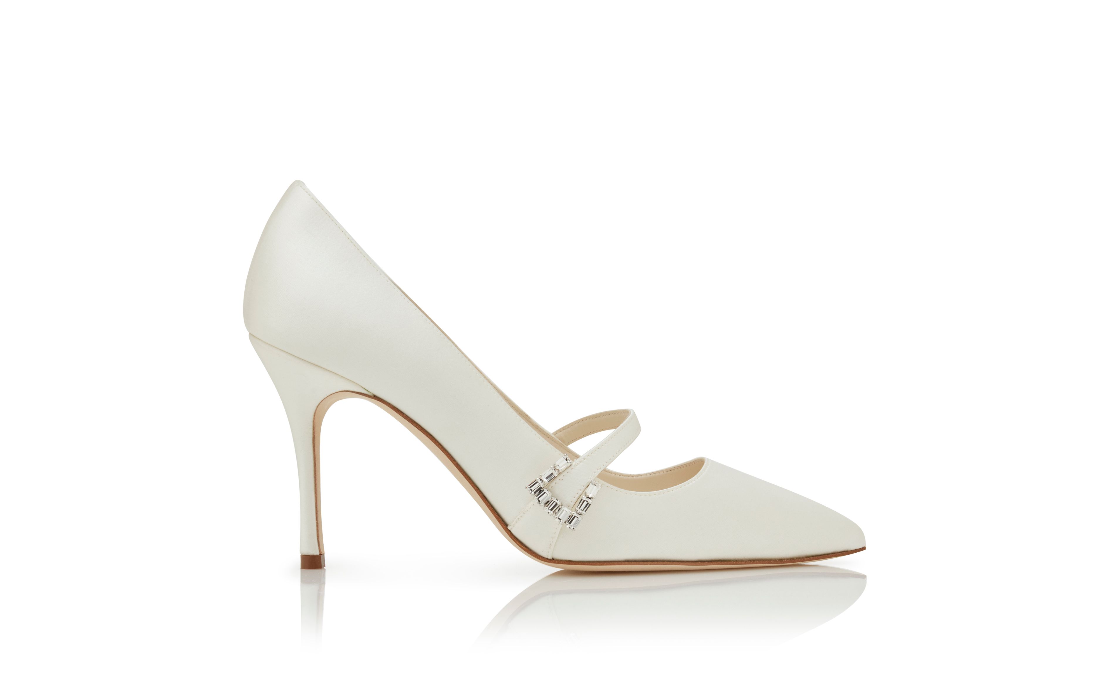 Designer White Satin Mary Jane Pumps - Image Side View