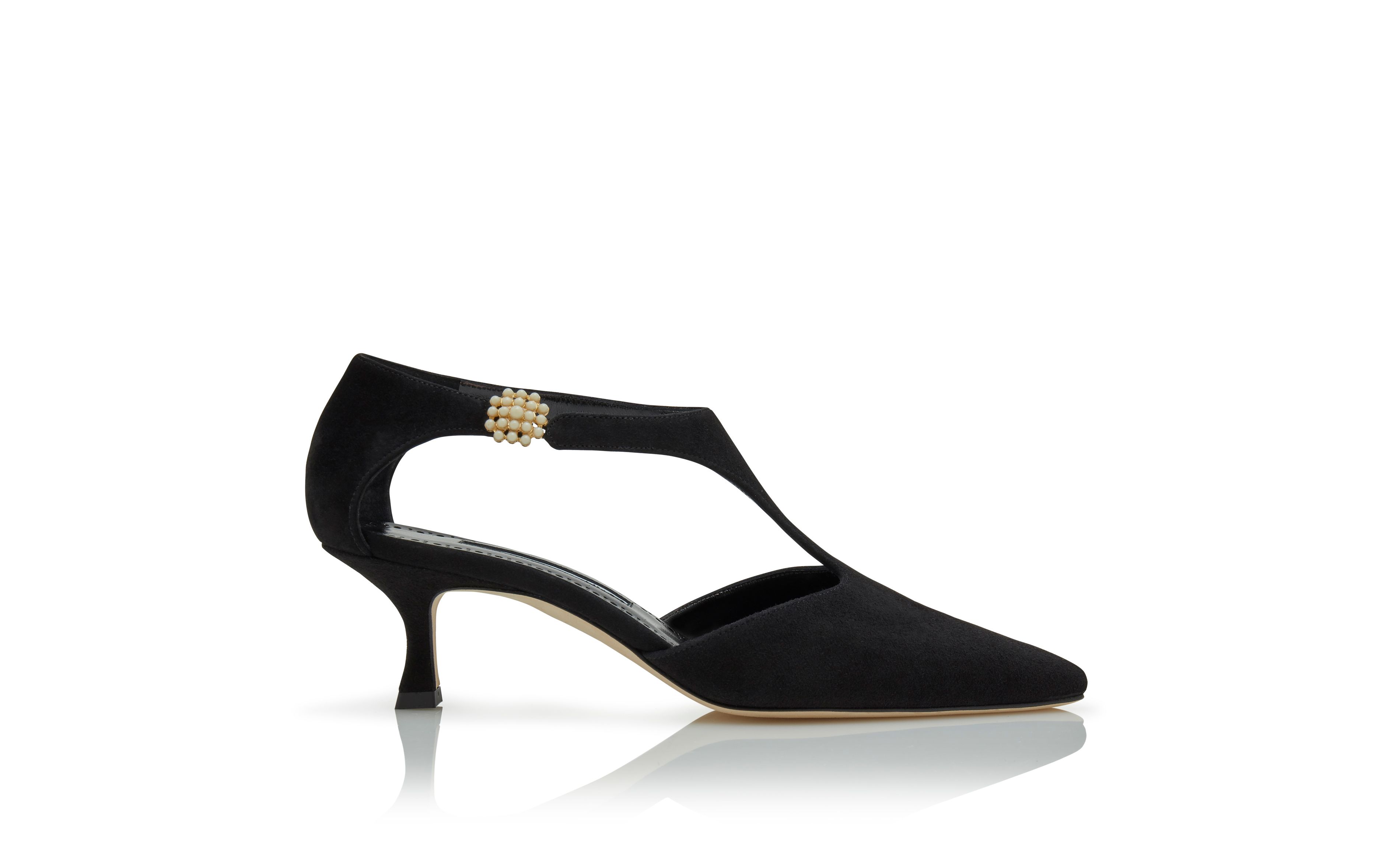 Designer Black Suede Pearl Detail Pumps - Image Side View