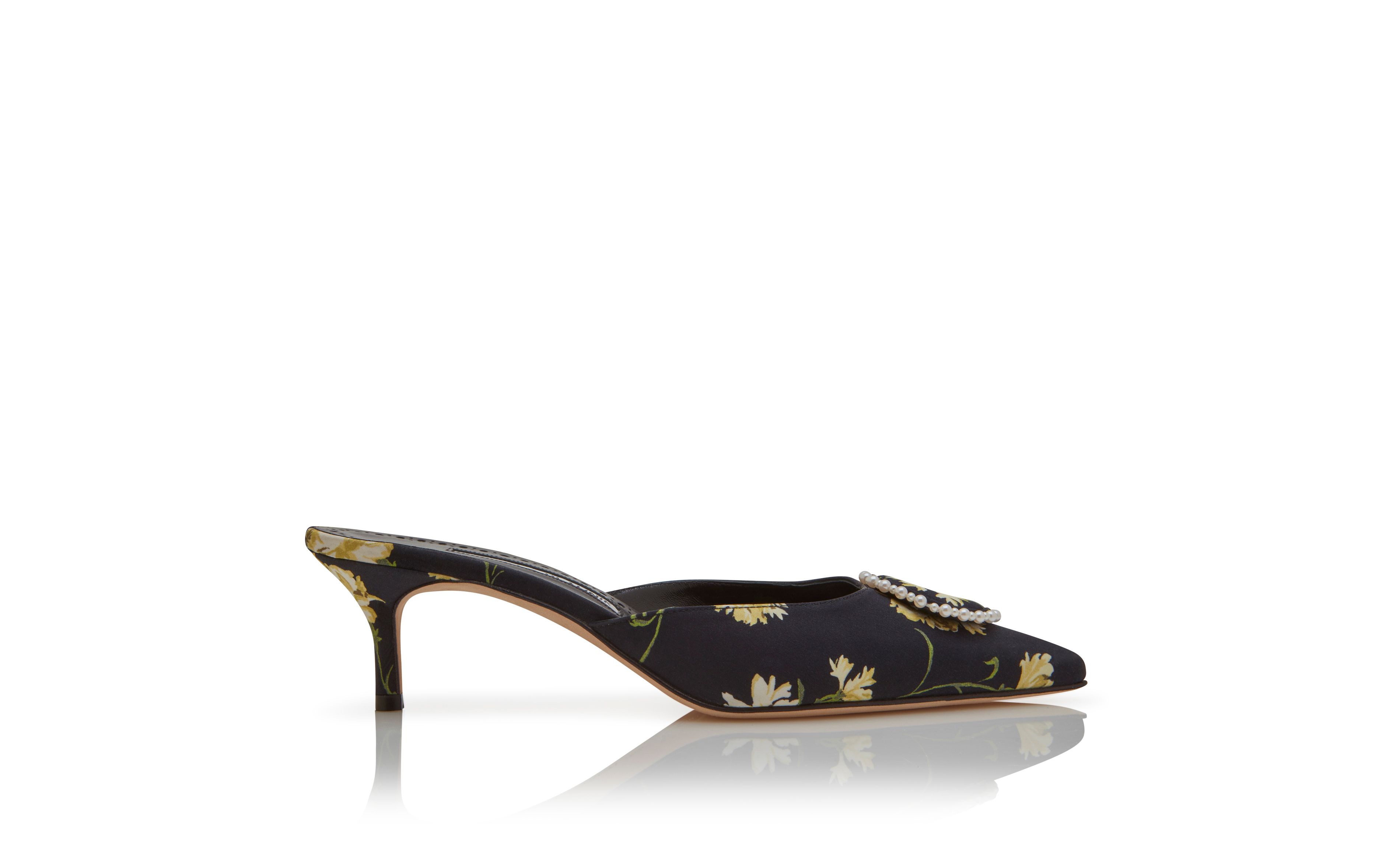 Designer Black Satin Pearl Detail Mules - Image Side View