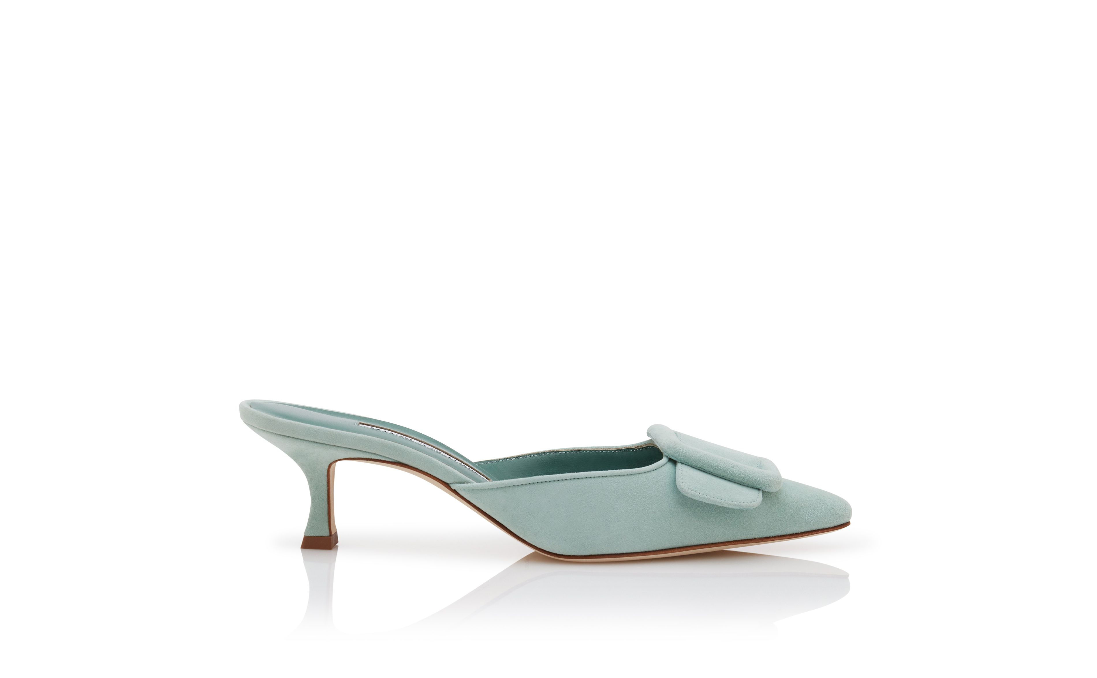 Designer Light Green Suede Buckle Detail Mules - Image Side View