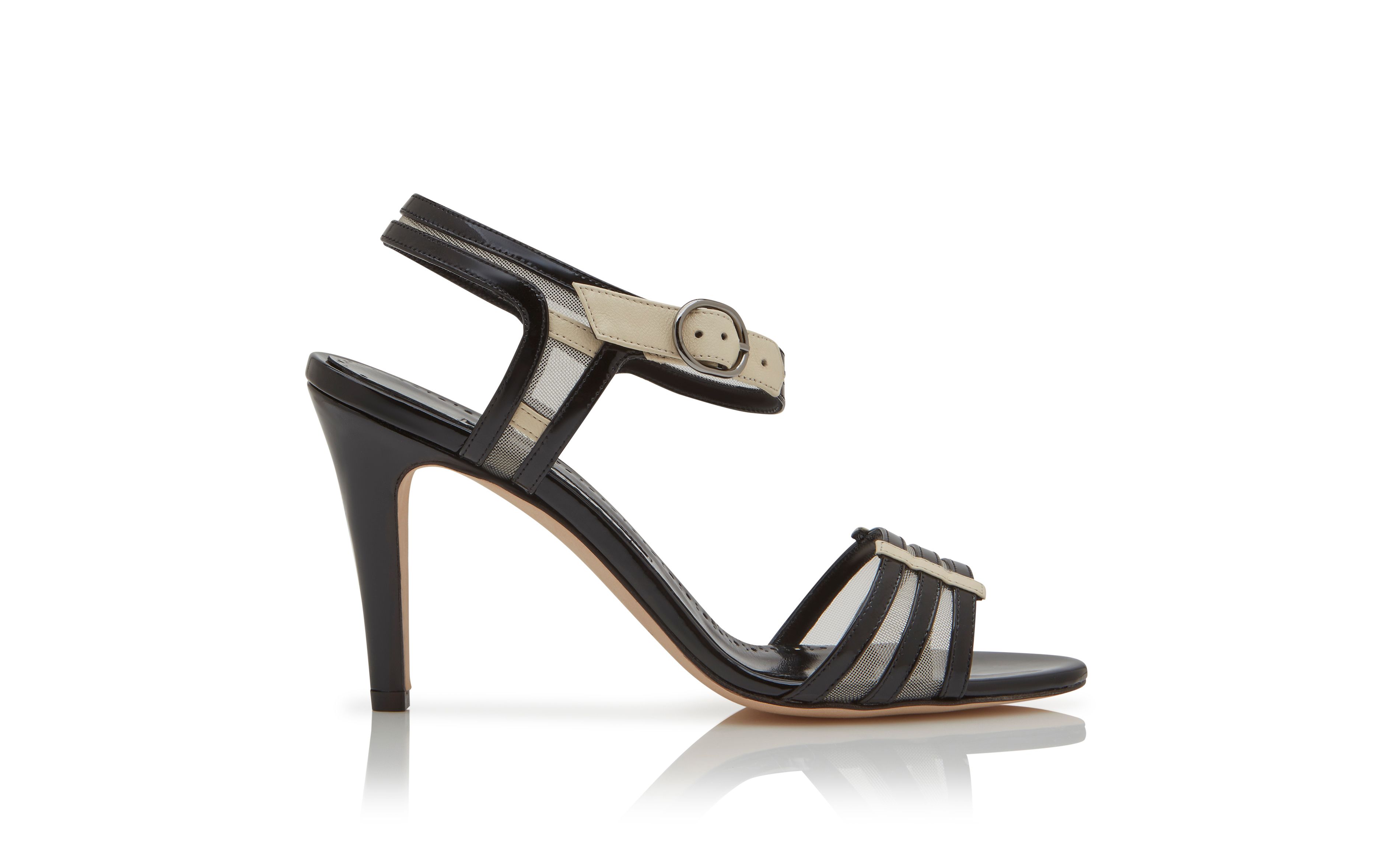 Designer Black and Cream Patent Leather Sandals - Image Side View