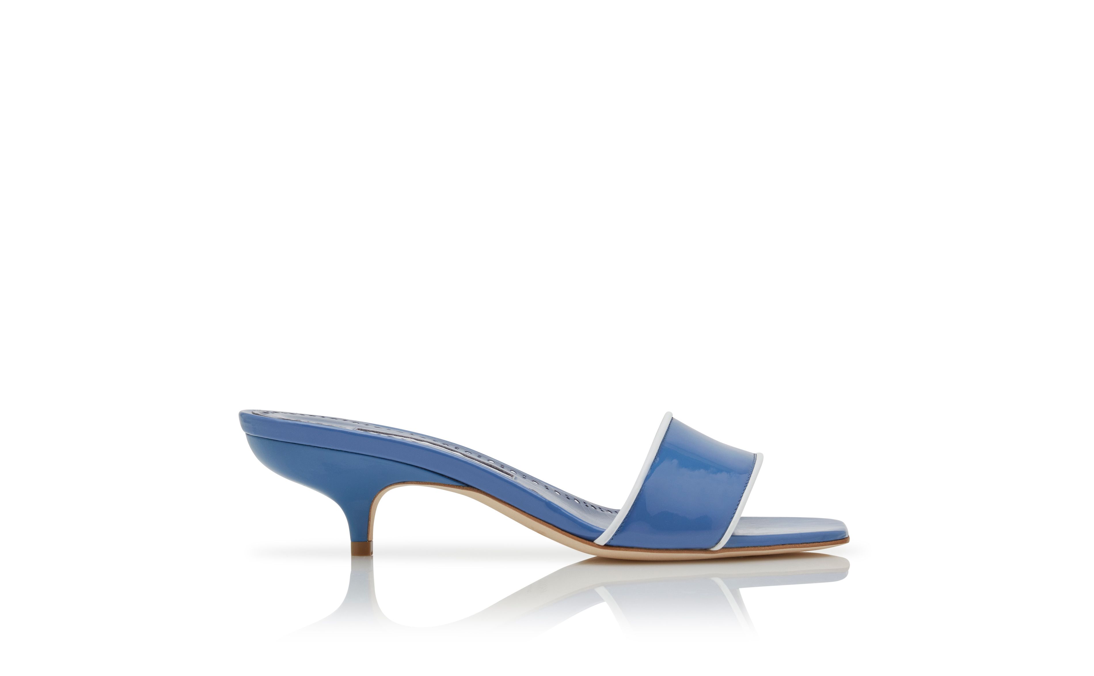 Designer Blue Patent Leather Open Toe Mules - Image Side View