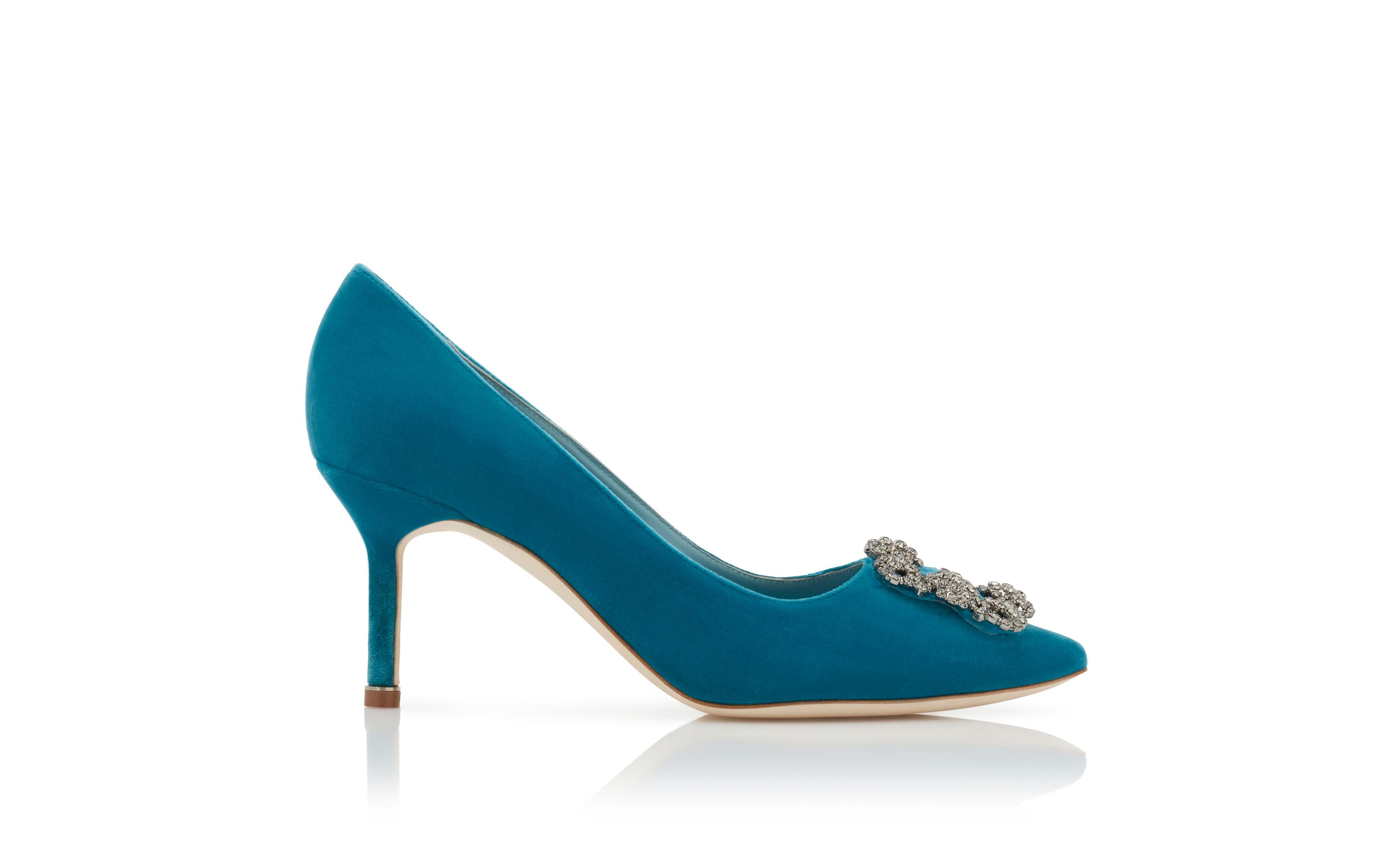 HANGISI VELVET 70 | Blue Velvet Jewel Buckle Pumps | Manolo Blahnik