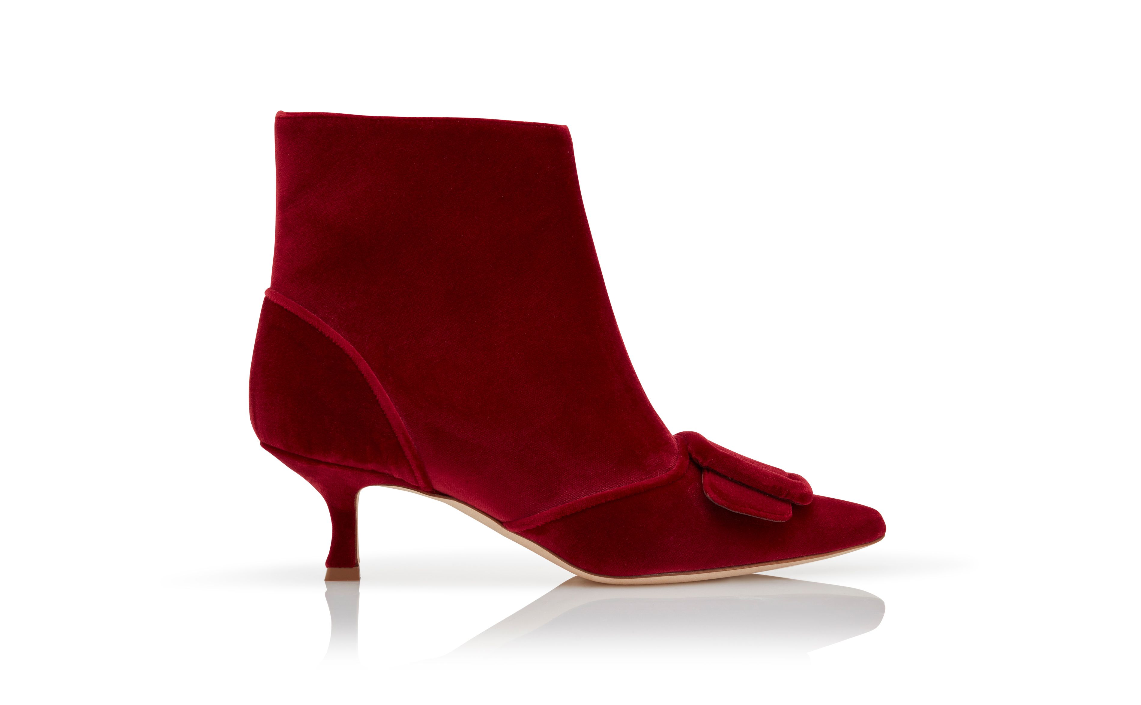 Designer Red Velvet Buckle Detail Ankle Boots - Image Side View