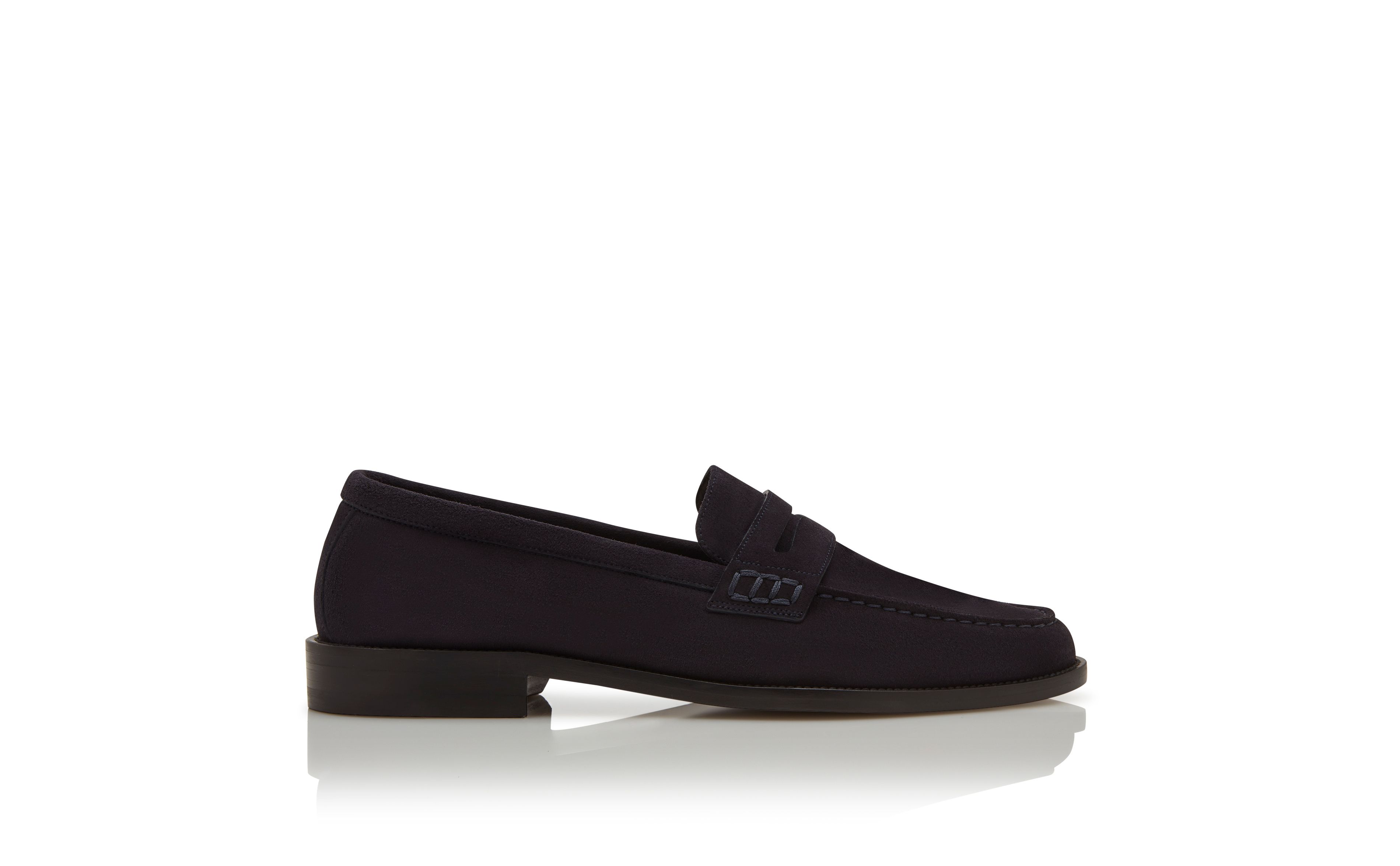 Designer Navy Blue Suede Penny Loafers  - Image Side View