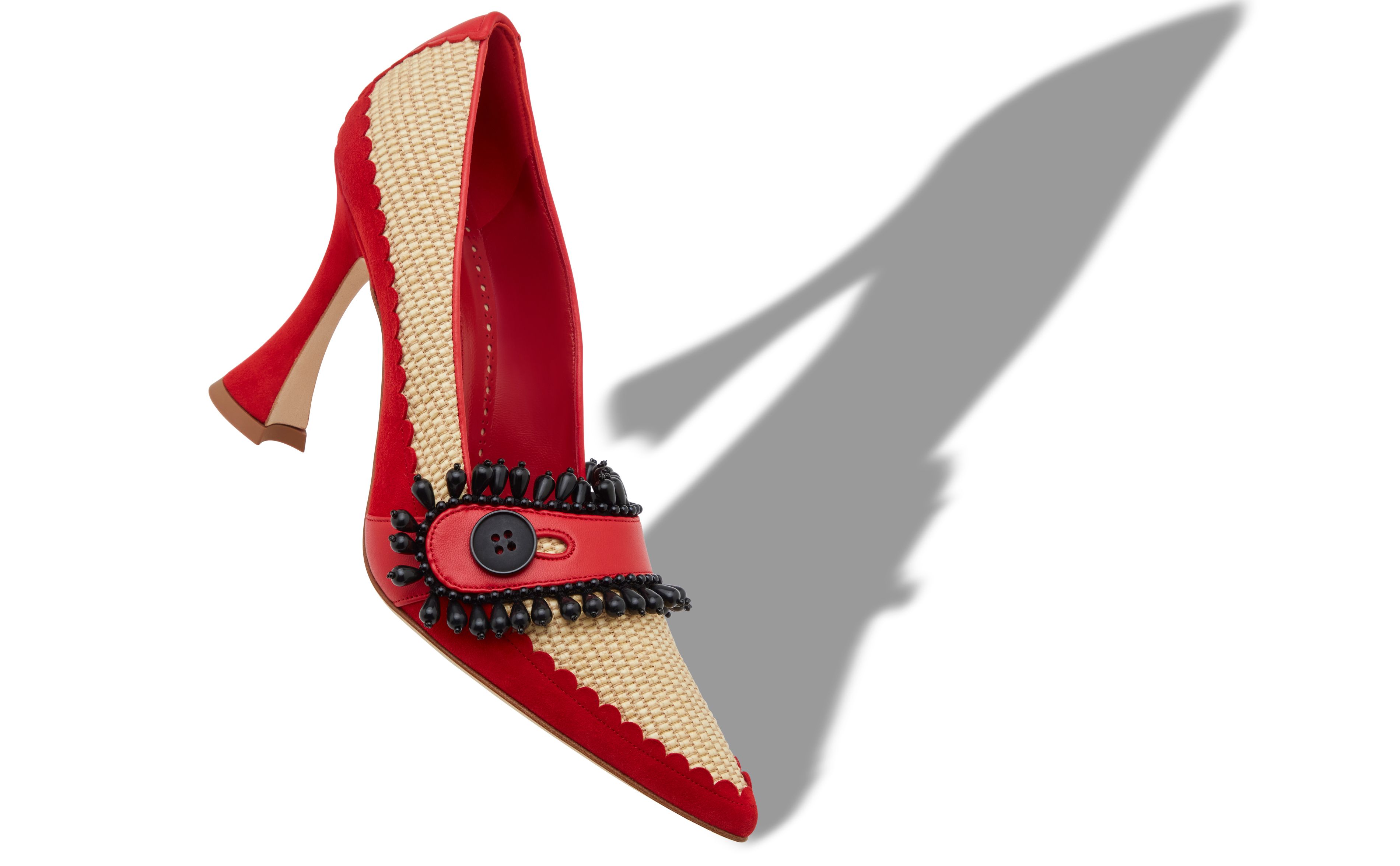 Designer Red and Beige Raffia Pointed Toe Pumps - Image small_image