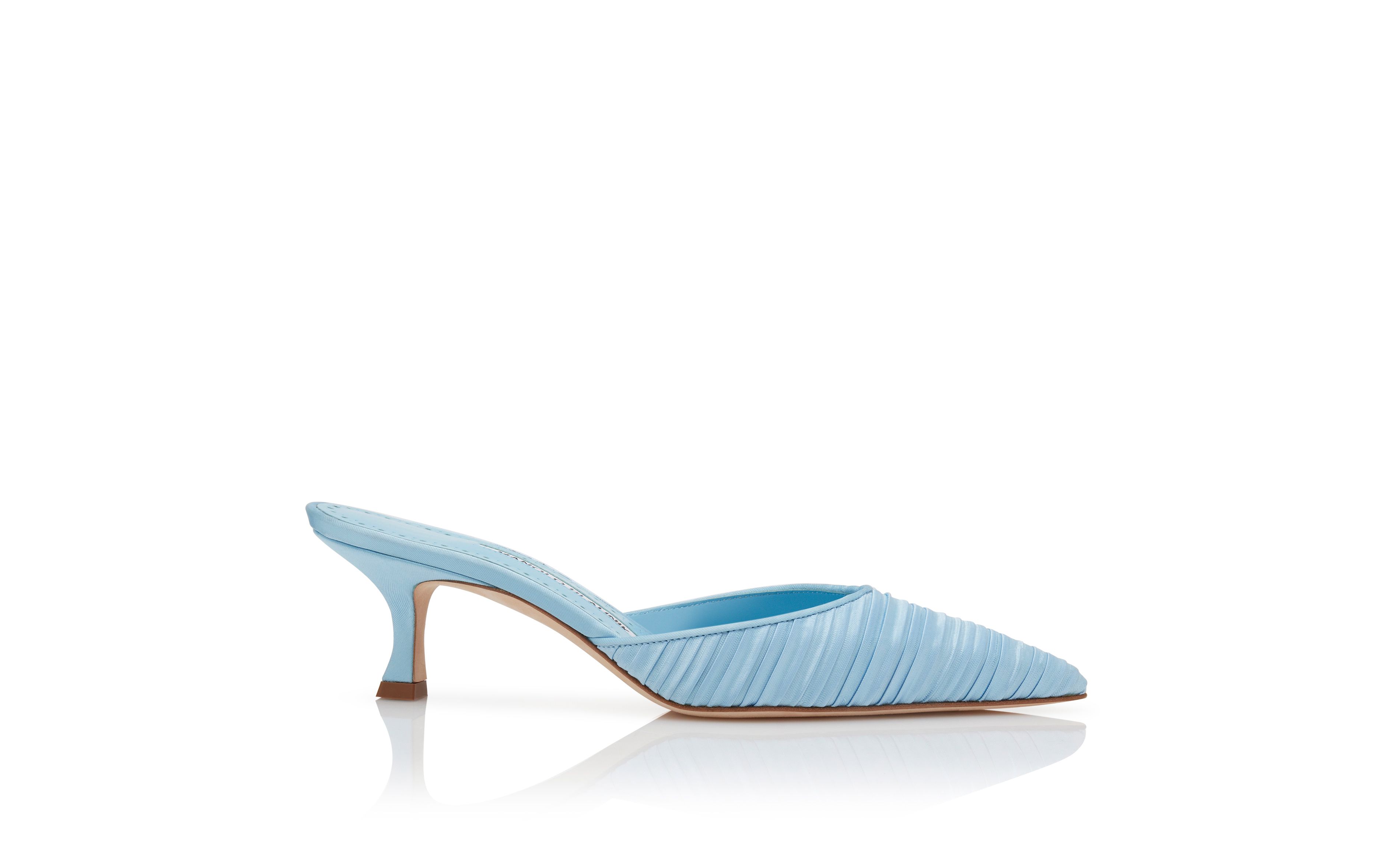 Designer Light Blue Satin Pointed Toe Mules - Image Side View