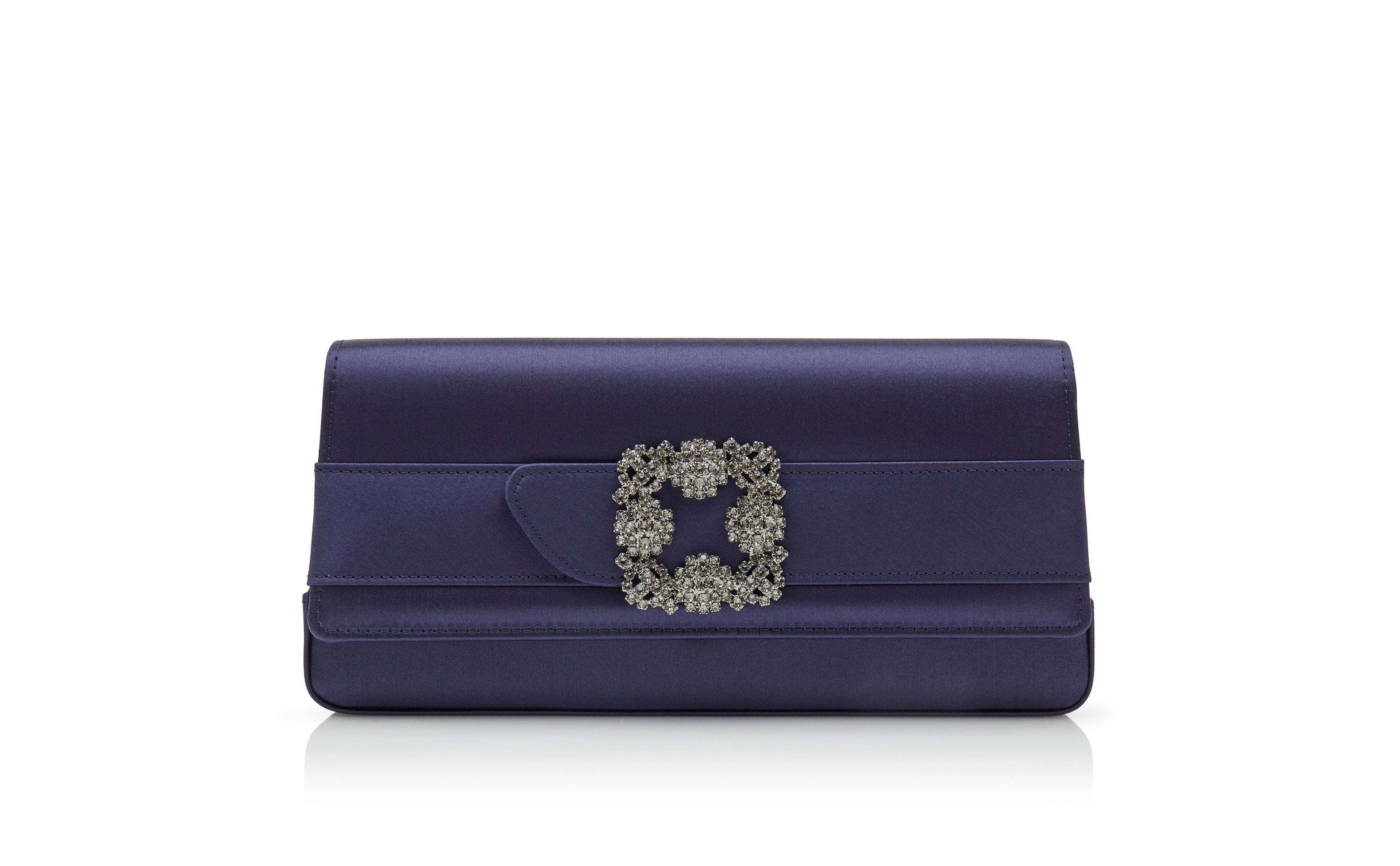 Designer Navy Blue Satin Jewel Buckle Clutch - Image Side View