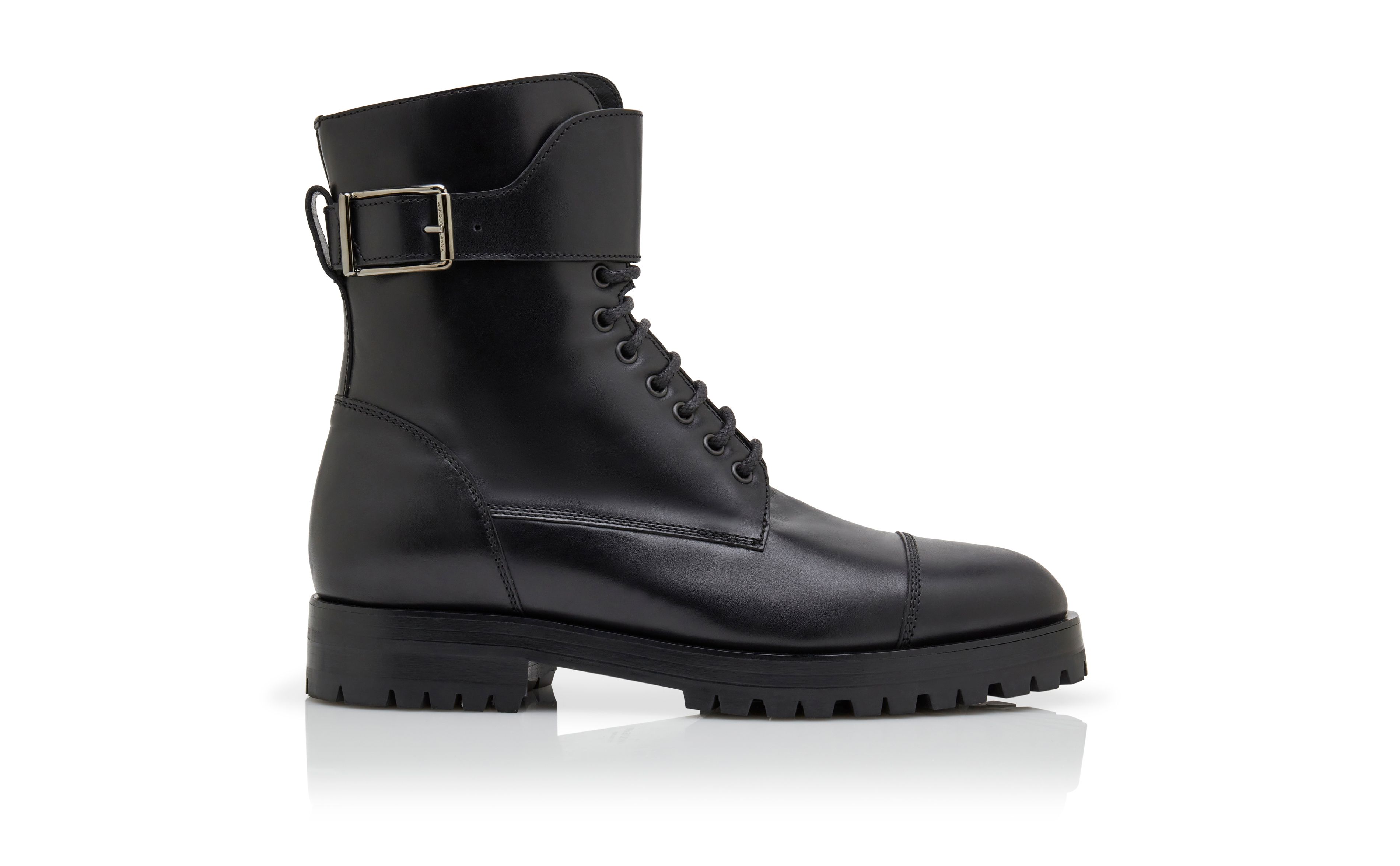 Designer Black Calf Leather Ankle Boots - Image Side View