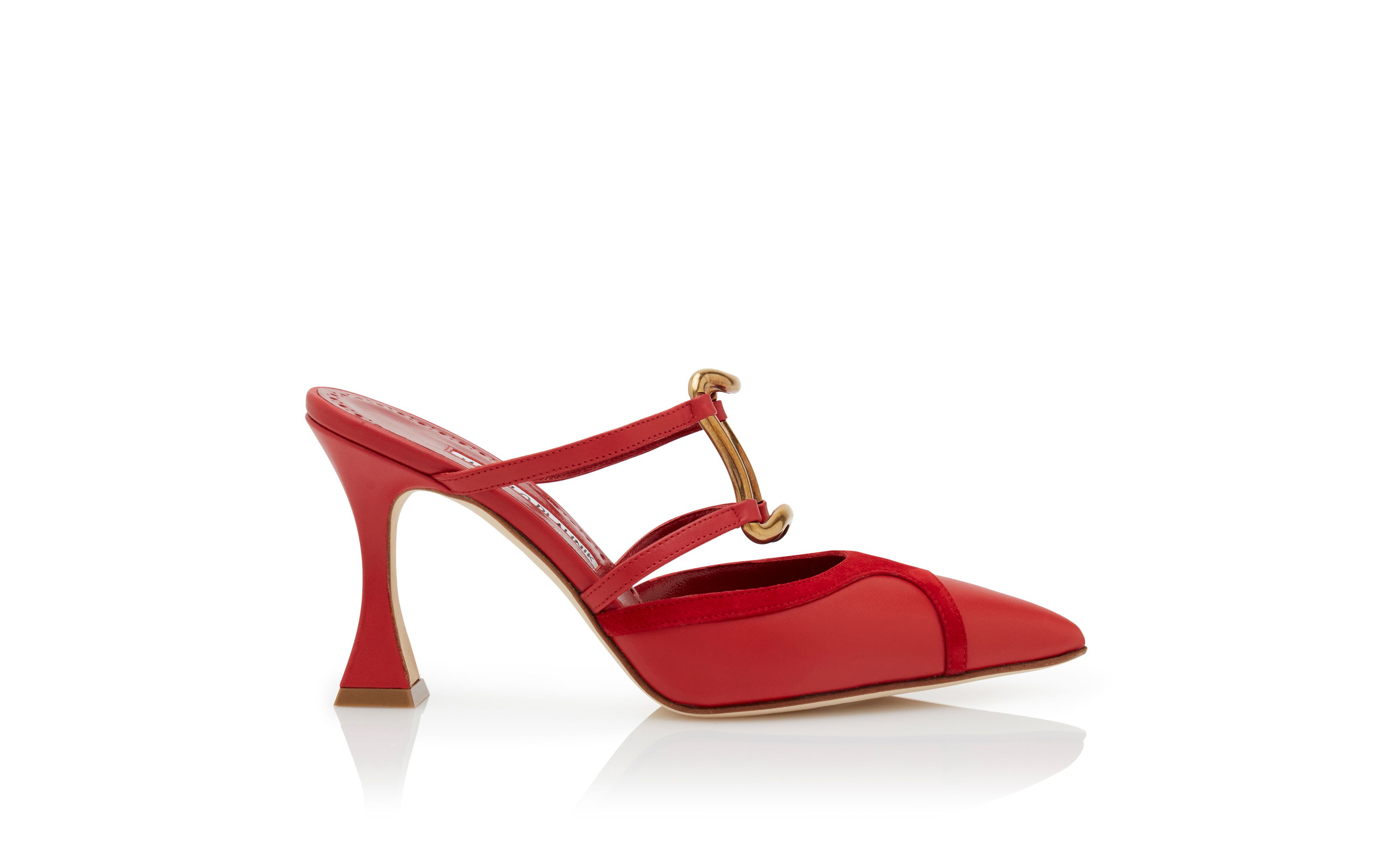 Designer Red Calf Leather Buckle Detail Mules - Image Side View