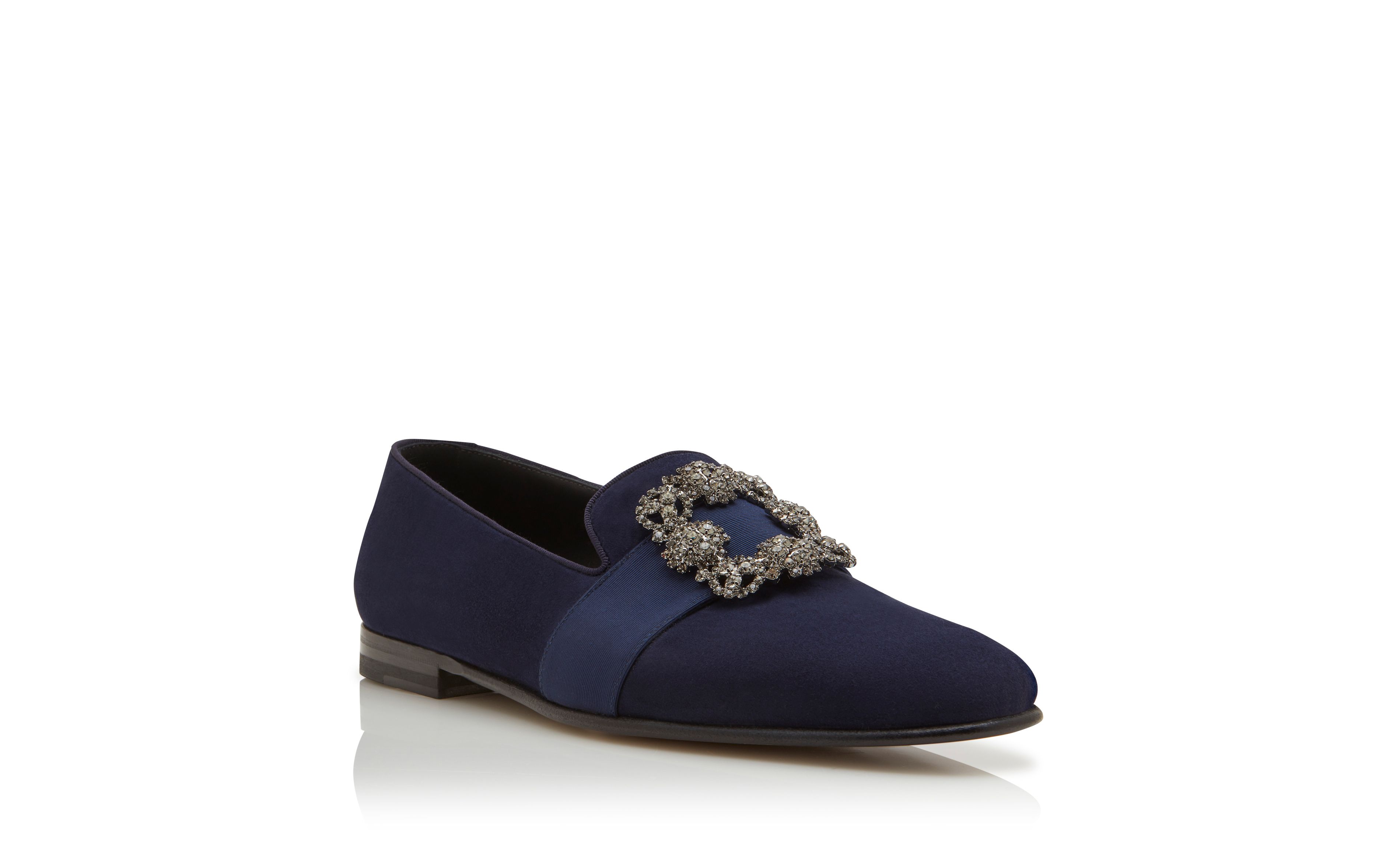 Designer Navy Blue Suede Jewel Buckle Loafers - Image Upsell