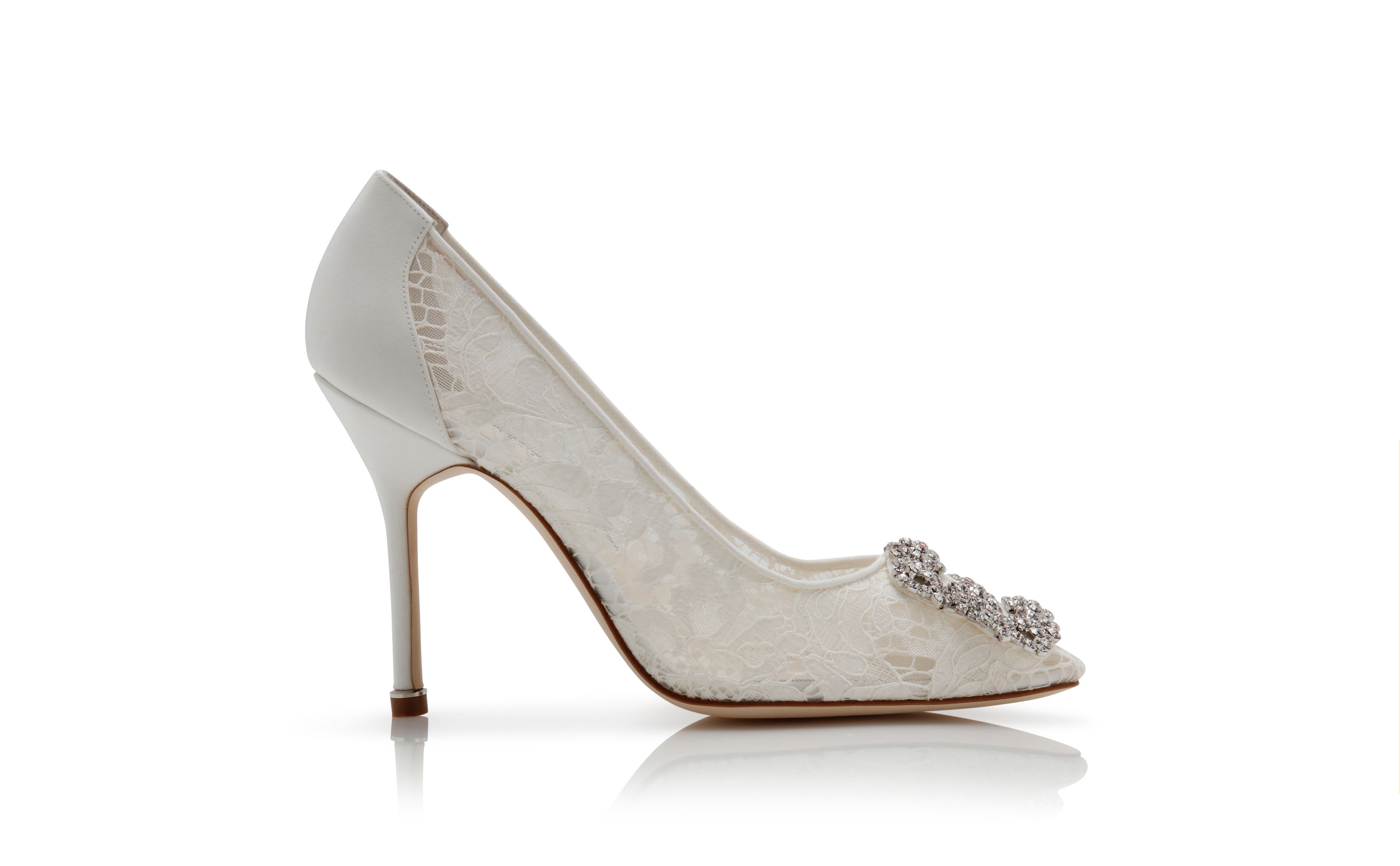 Designer Cream Lace Jewel Buckle Pumps - Image Side View