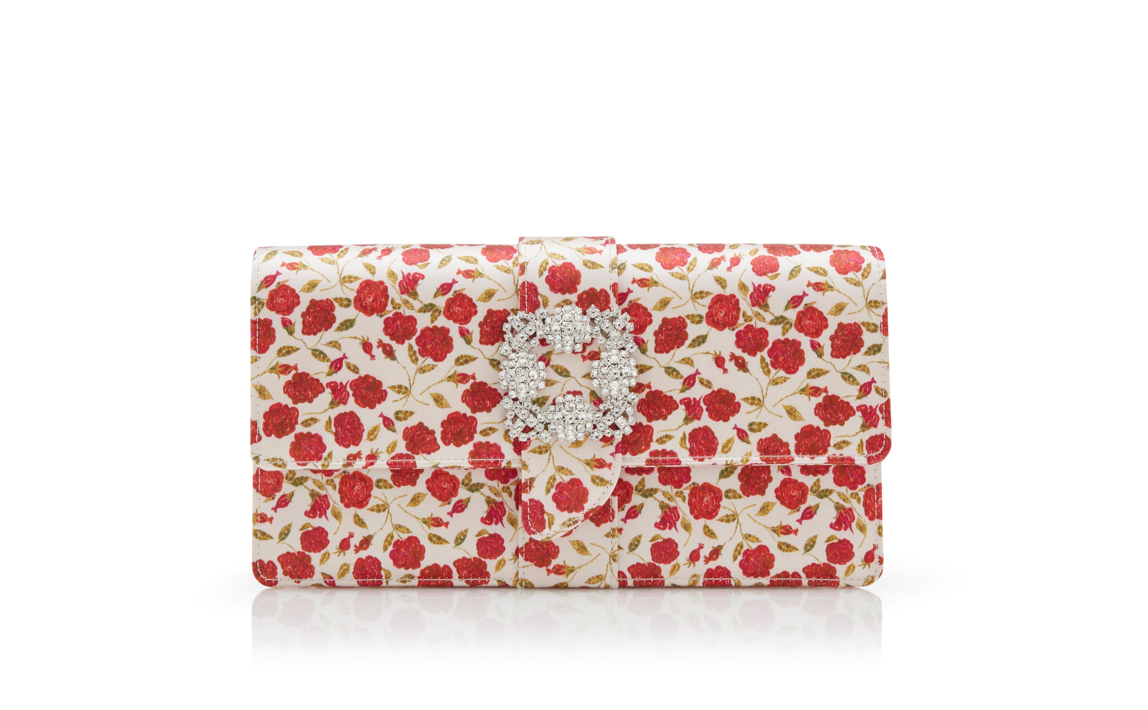 Designer White and Red Satin Jewel Buckle Clutch - Image Side View